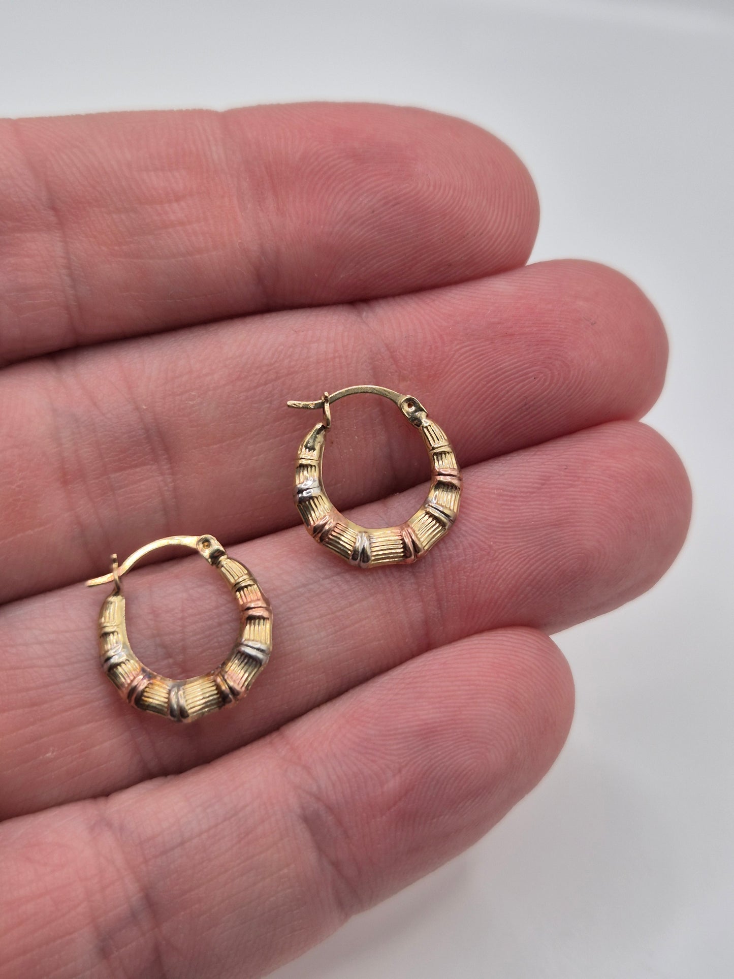 9ct tri gold bamboo style creole earrings