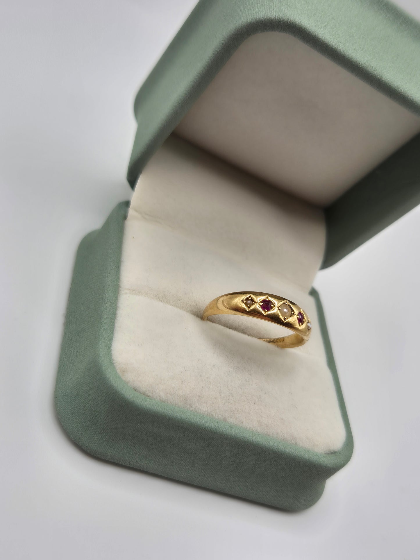 Antique 18ct gold seed pearl and ruby ring