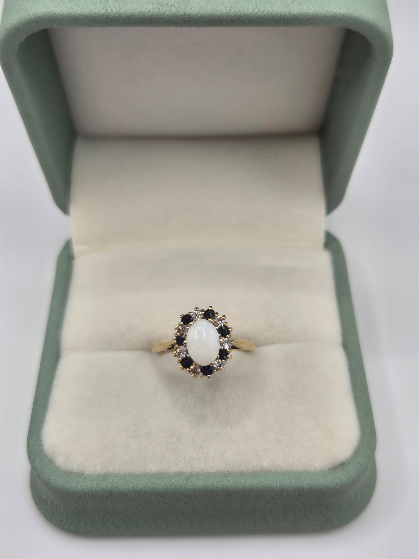 9ct gold opal, sapphire and cz ring