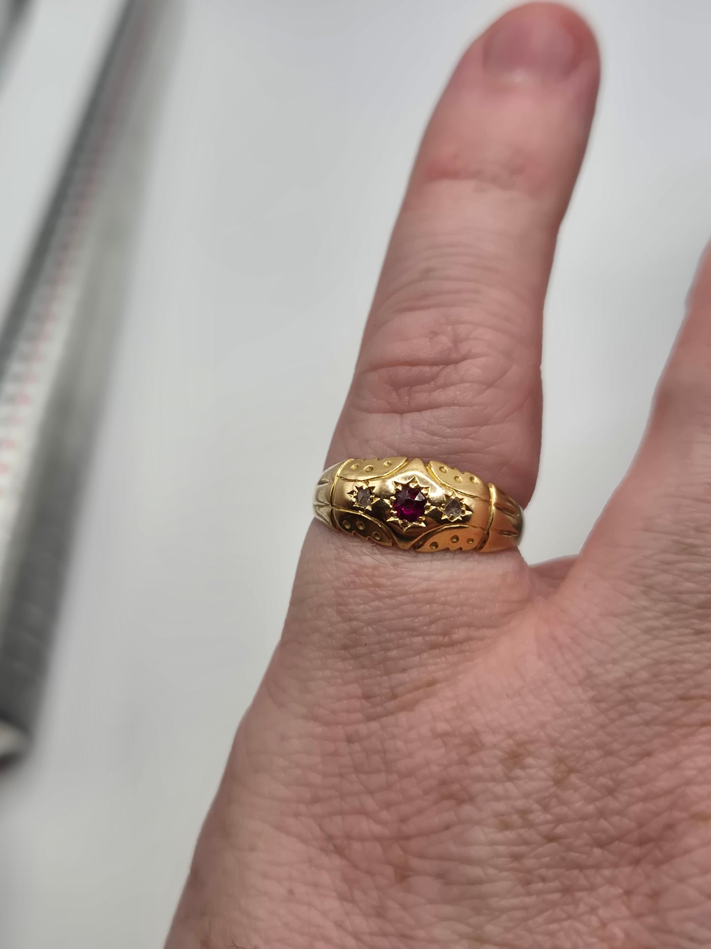 Edwardian 18ct gold ruby and diamond gypsy ring