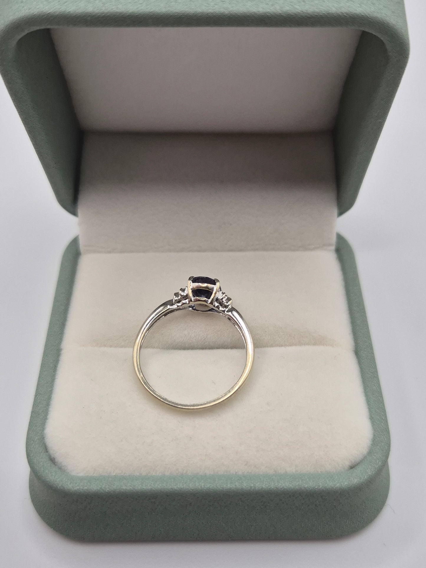 9ct white gold iolite and diamond ring