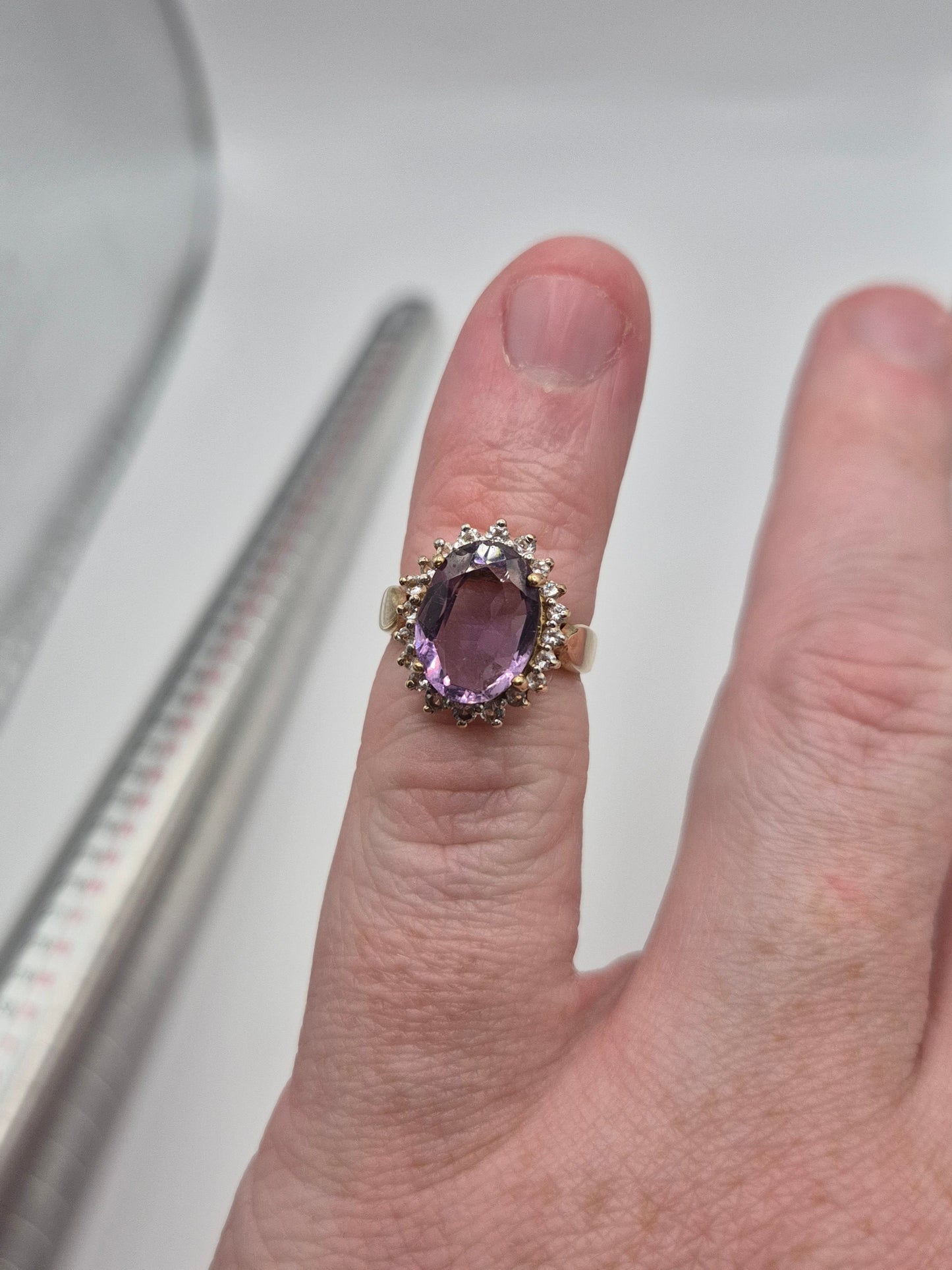 Heavy 9ct gold amethyst white topaz ring