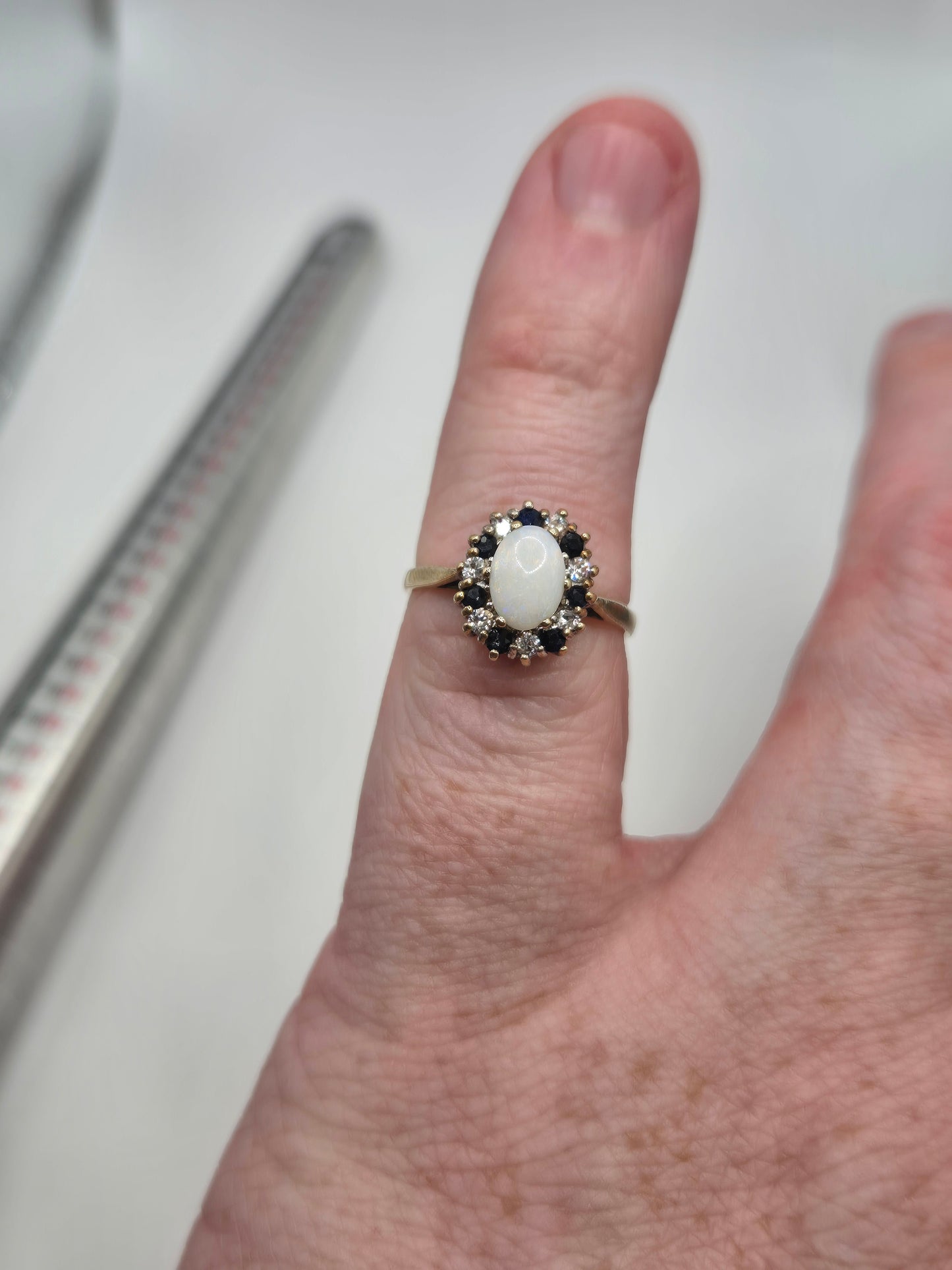 9ct gold opal, sapphire and cz ring