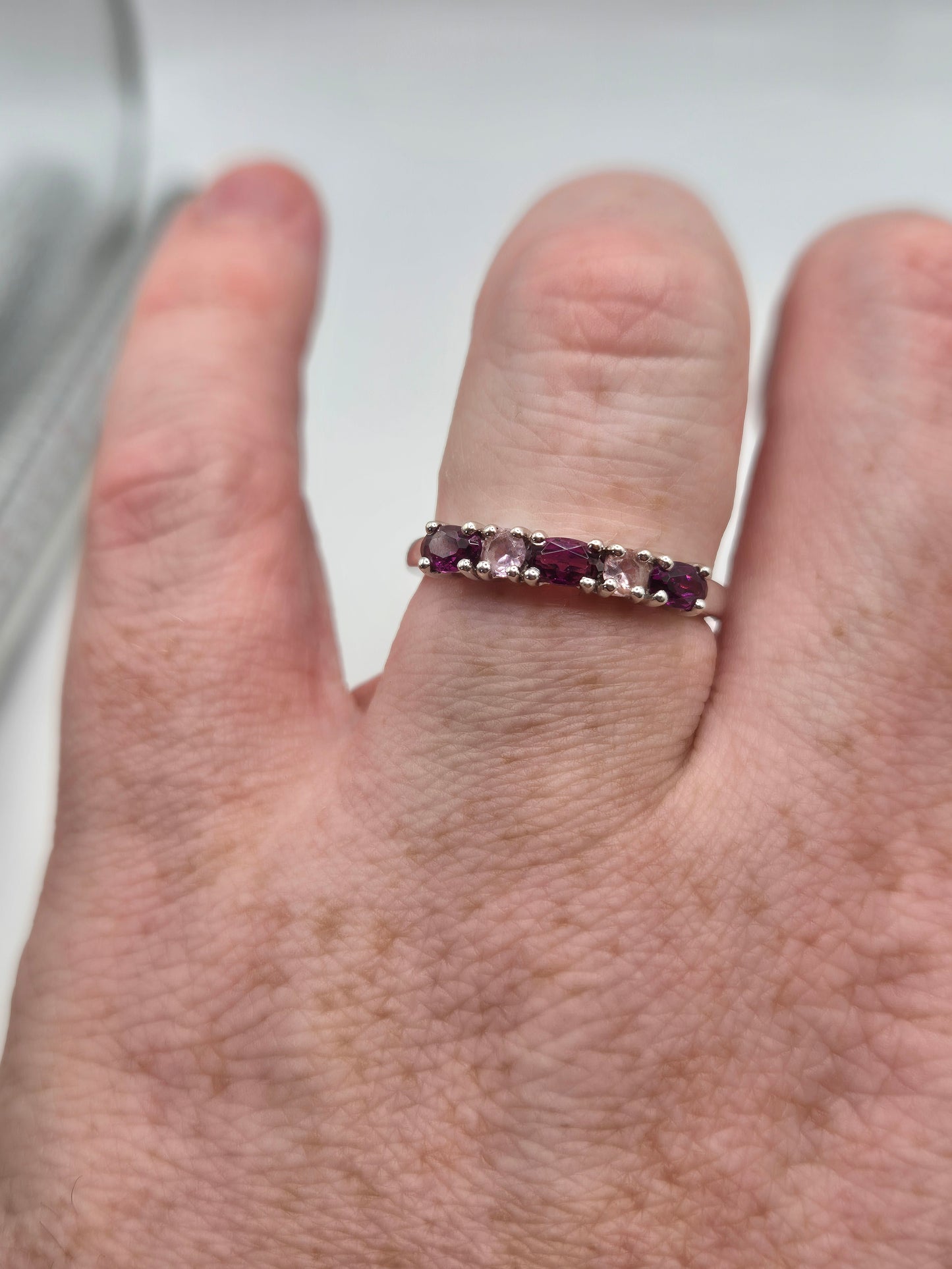 9ct white gold rhodolite garnet and pink spinel ring
