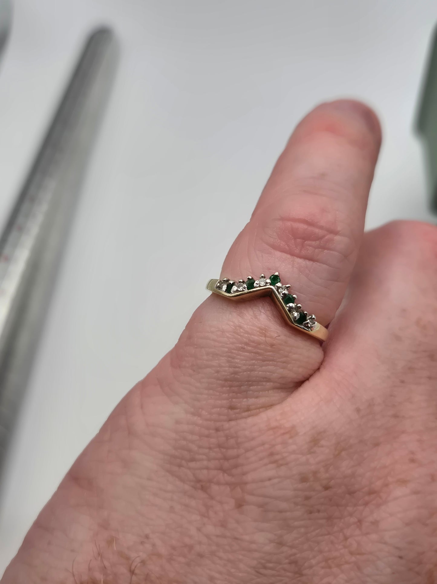 9ct gold emerald and diamond wishbone ring
