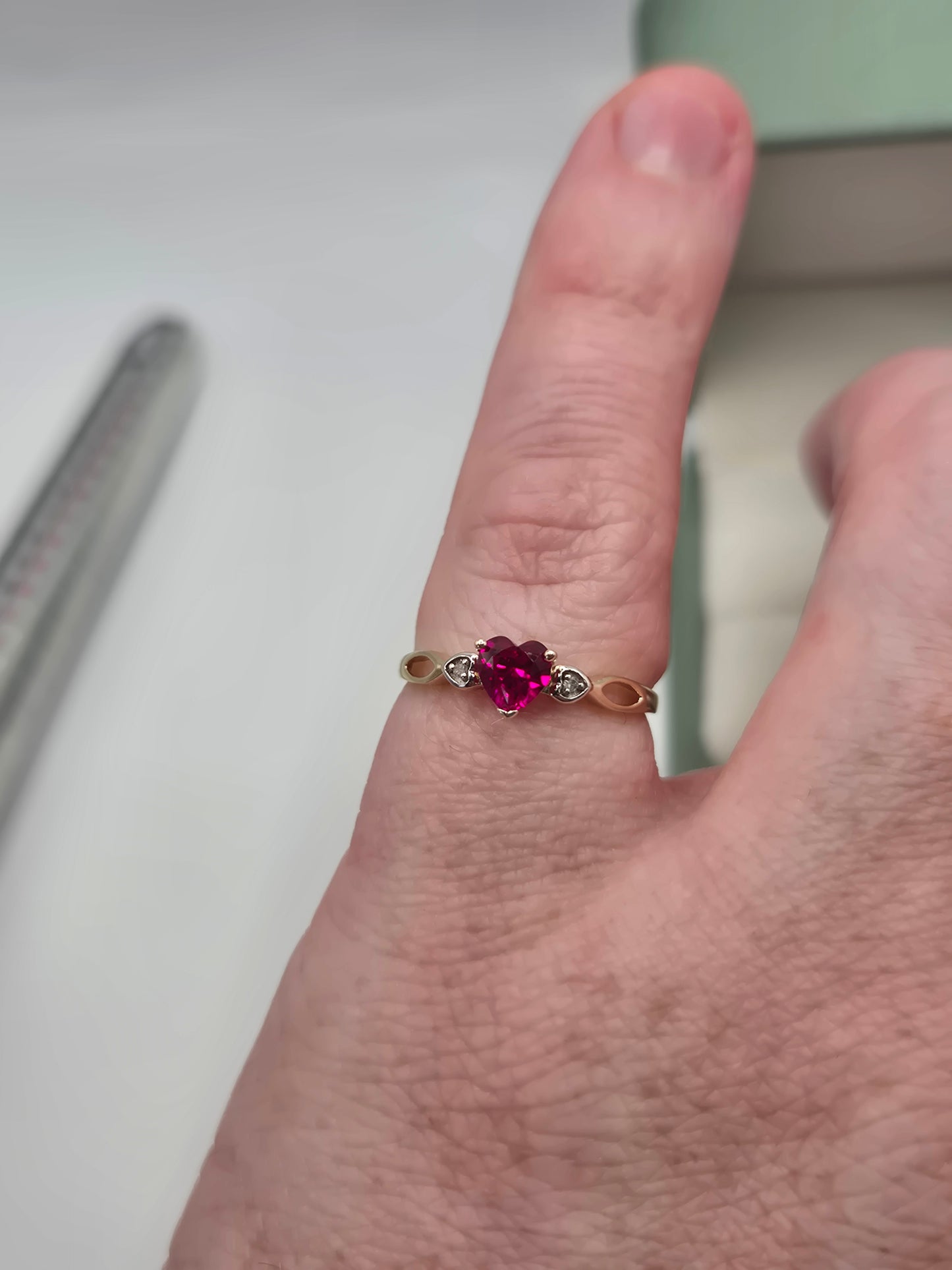 9ct gold synthetic ruby and diamond heart ring
