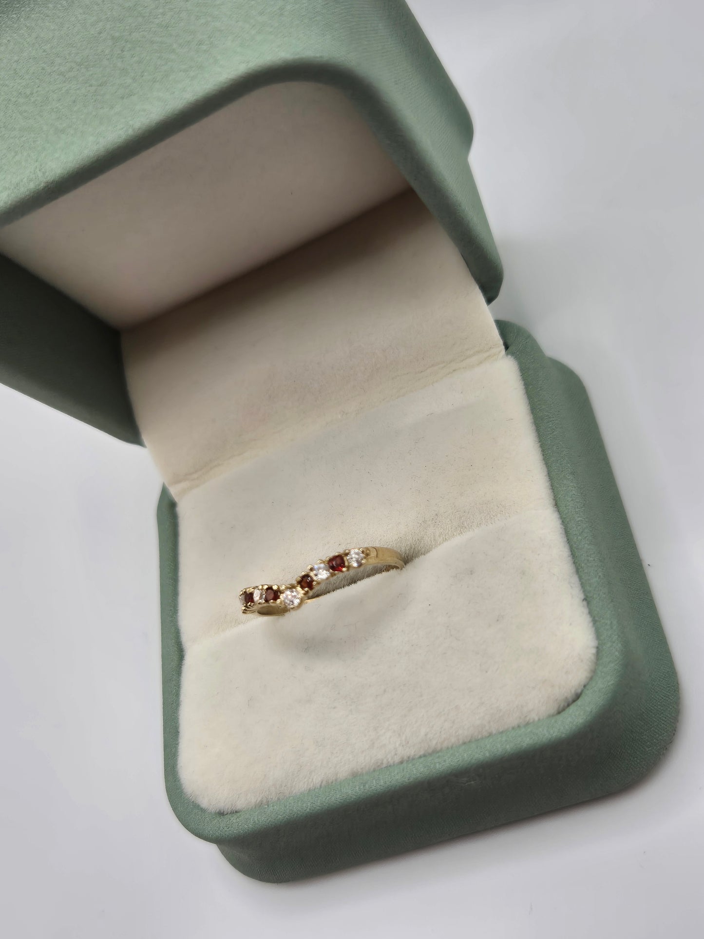 9ct gold garnet and cz wishbone ring