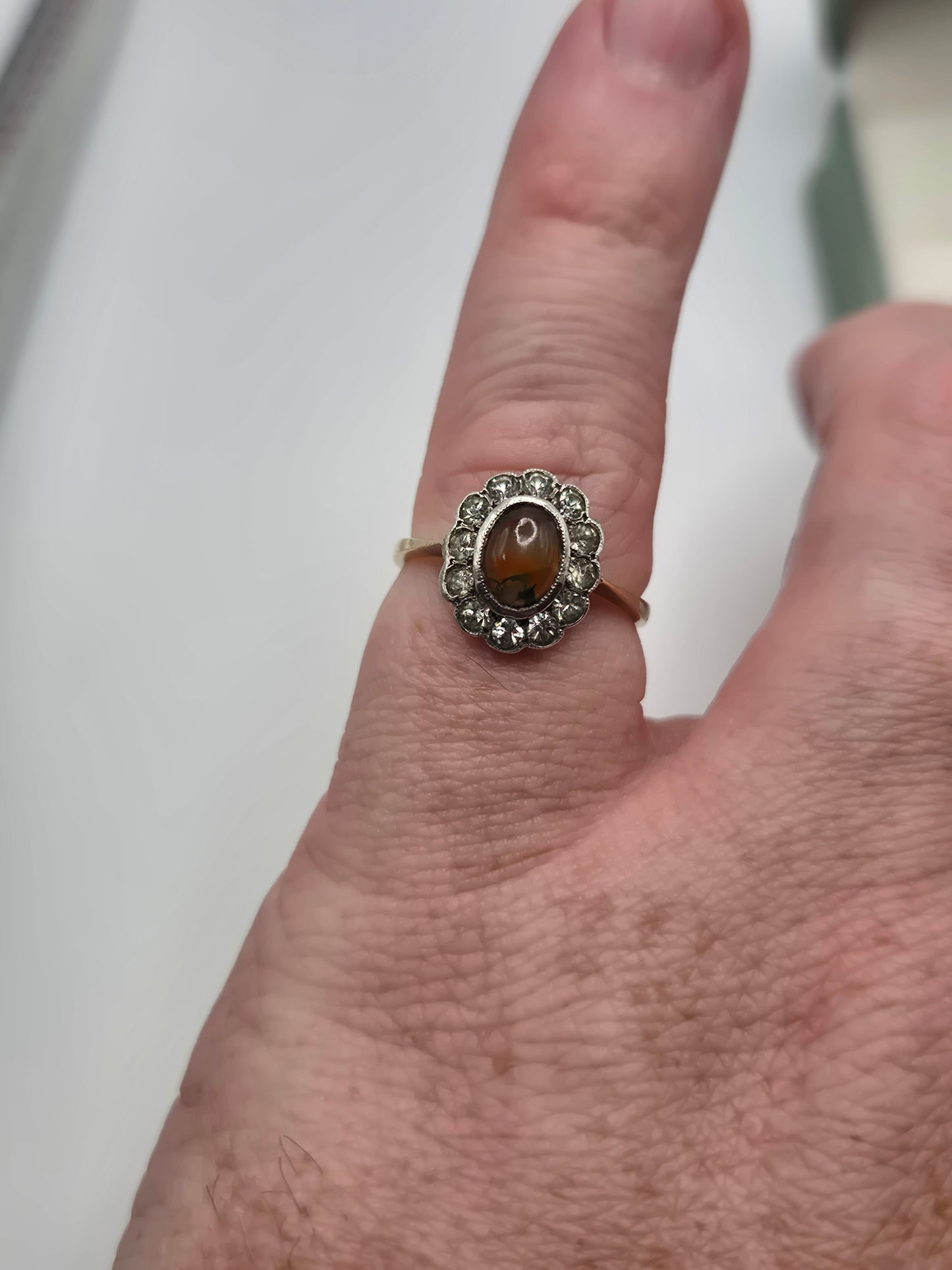 9ct gold and silver moss agate and cz ring