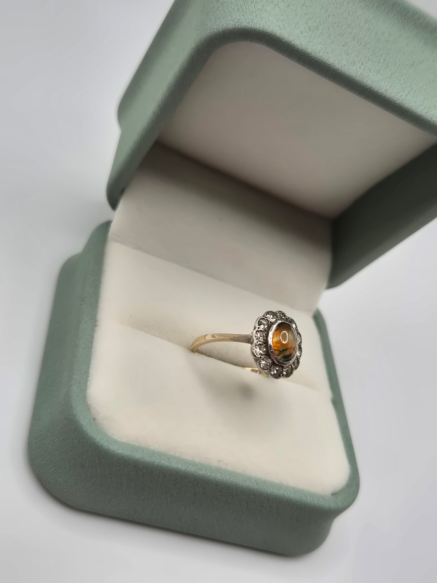 9ct gold and silver moss agate and cz ring