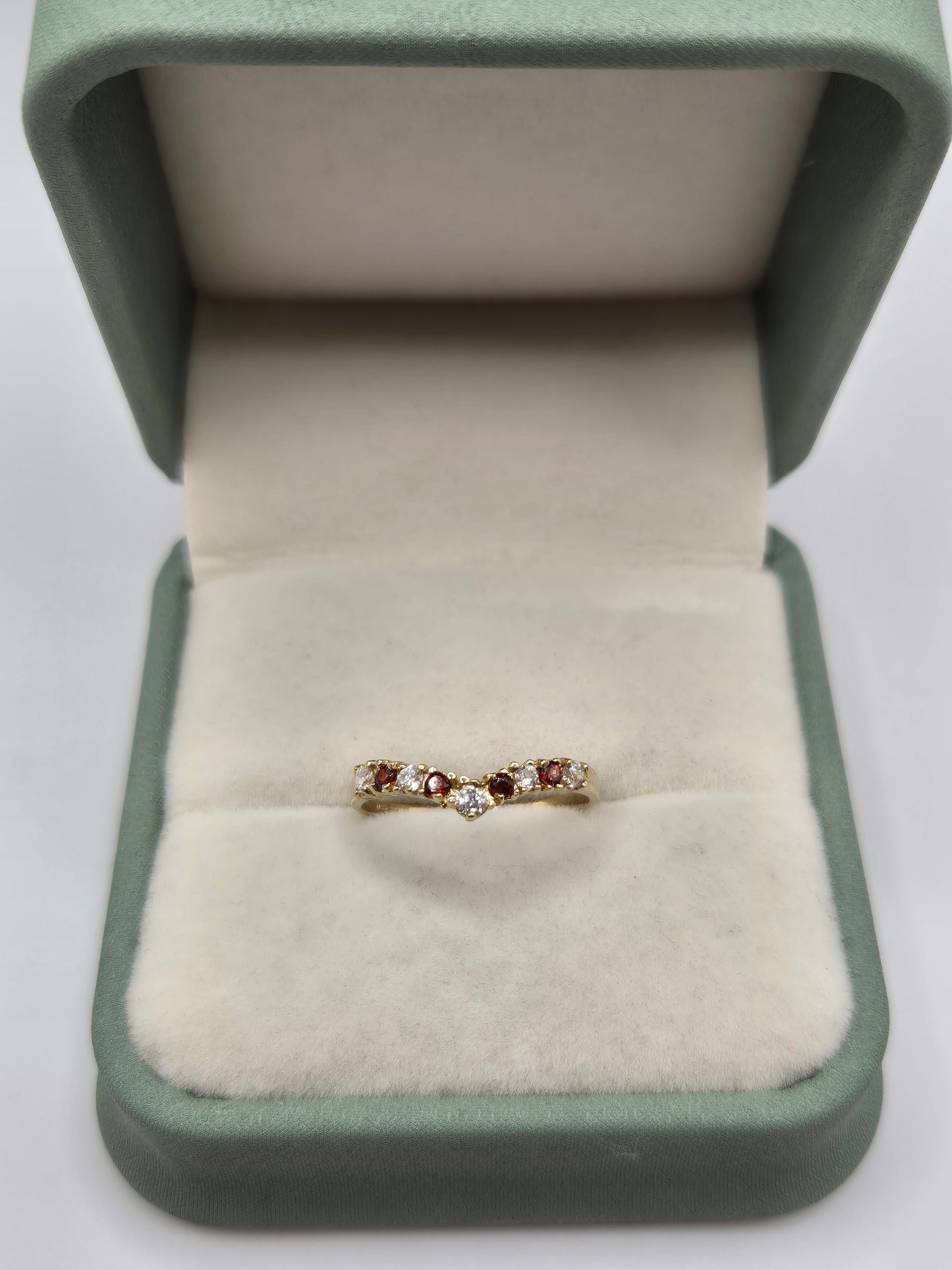 9ct gold garnet and cz wishbone ring