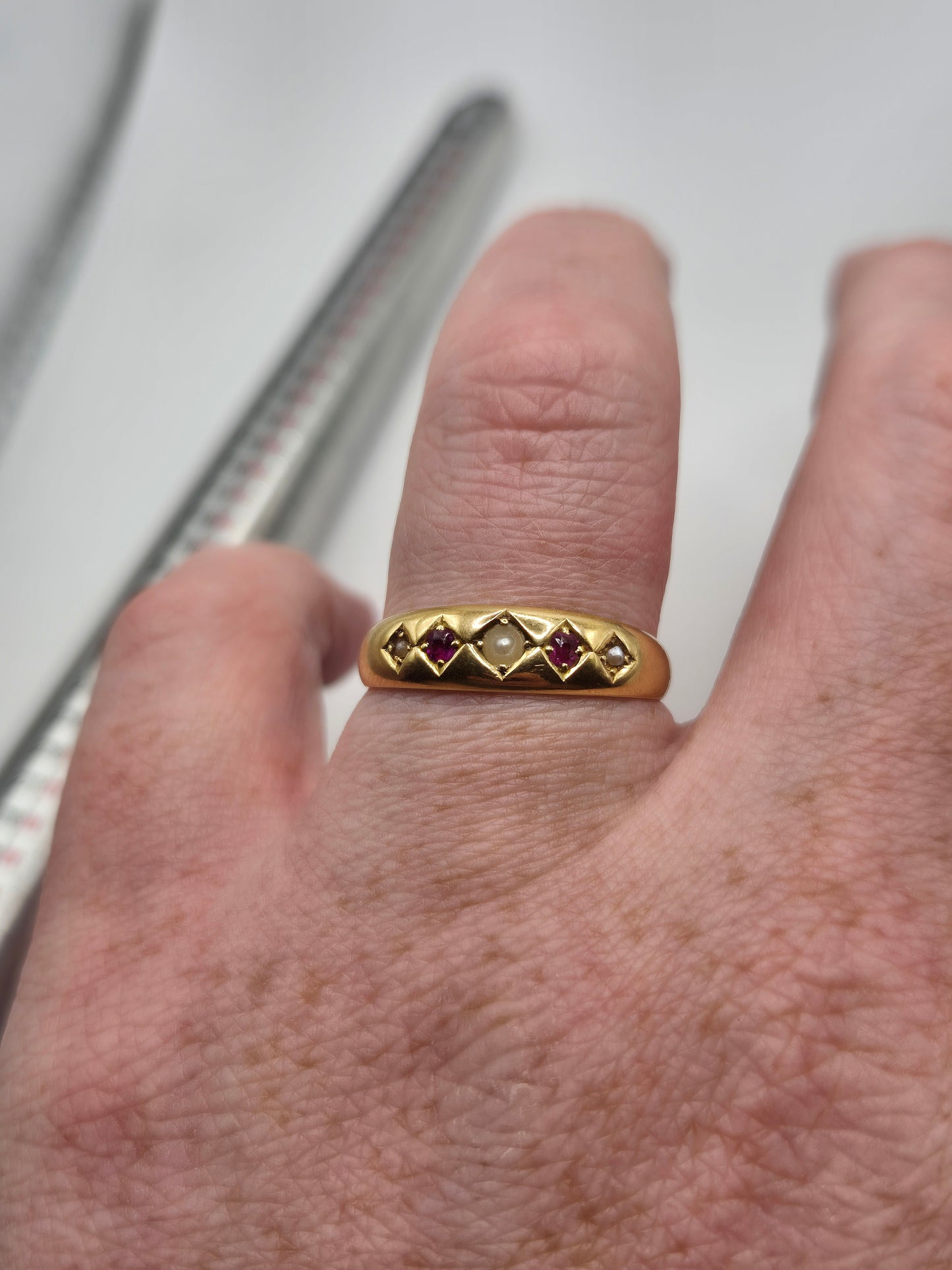 Antique 18ct gold seed pearl and ruby ring