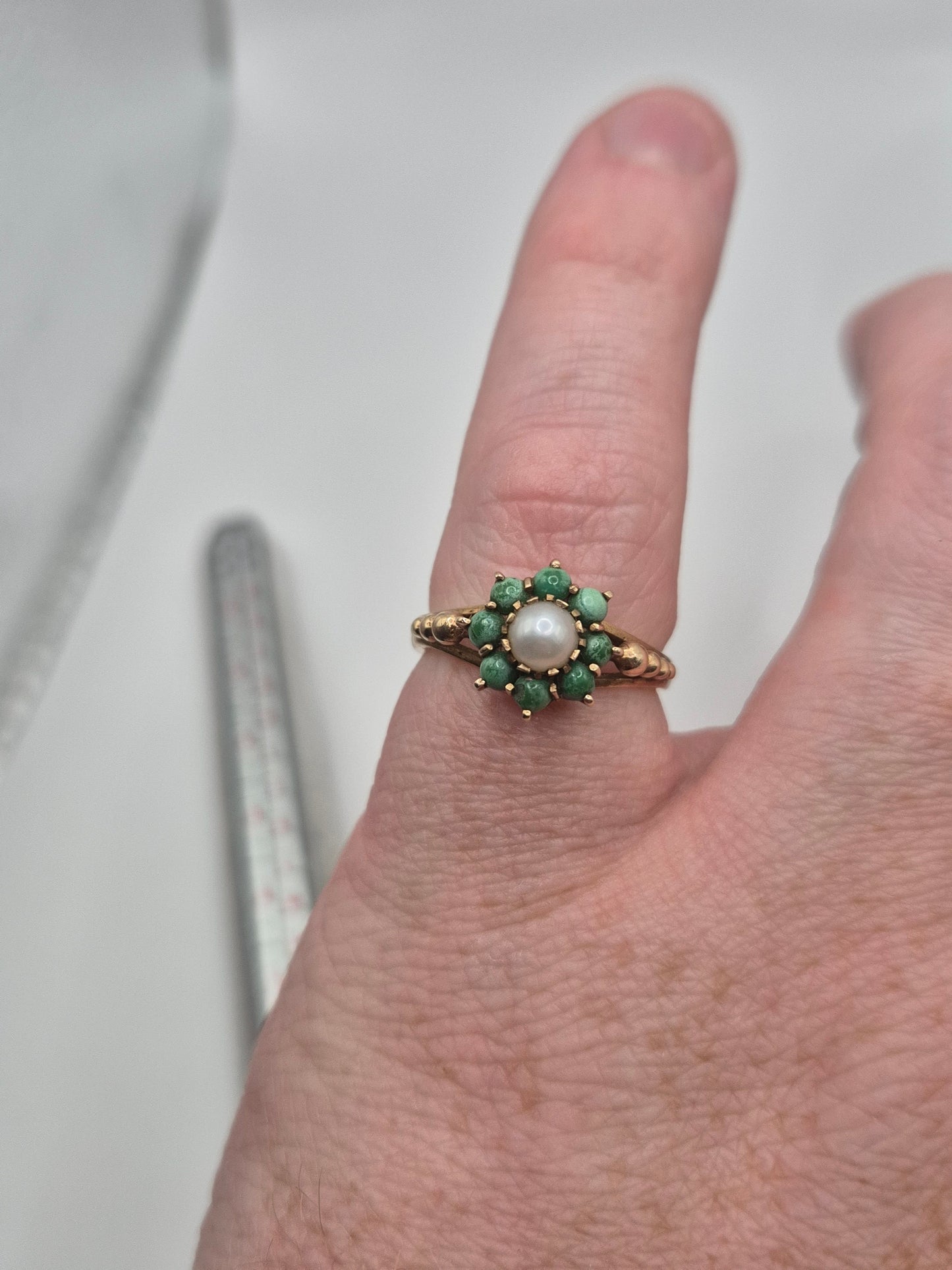 Vintage 9ct gold pearl and turquoise ring