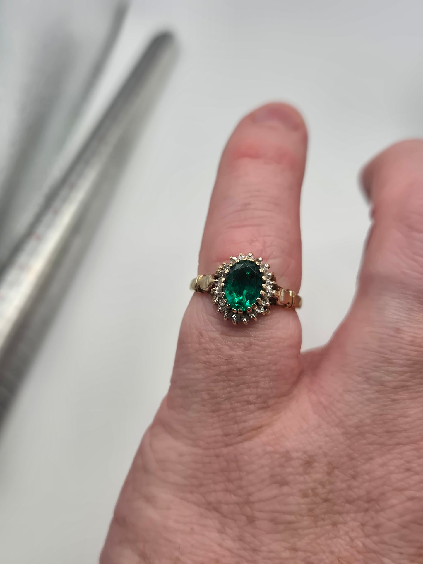 9ct gold synthetic emerald and diamond ring