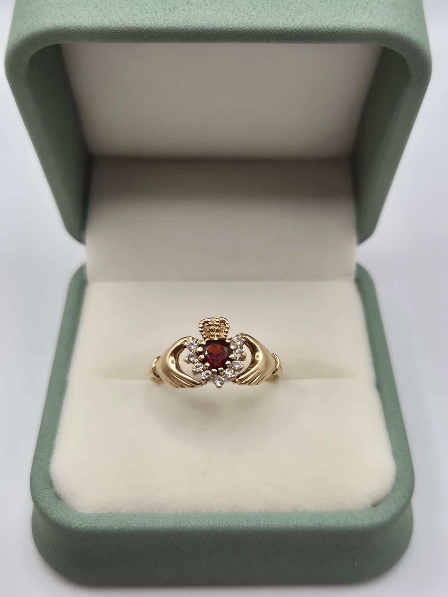 9ct gold garnet and cz claddagh ring