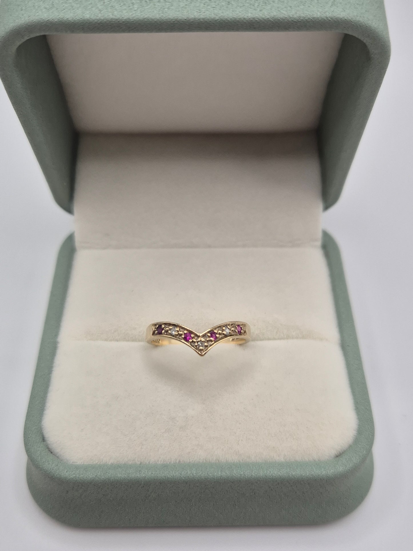 9ct gold ruby and diamond wishbone ring
