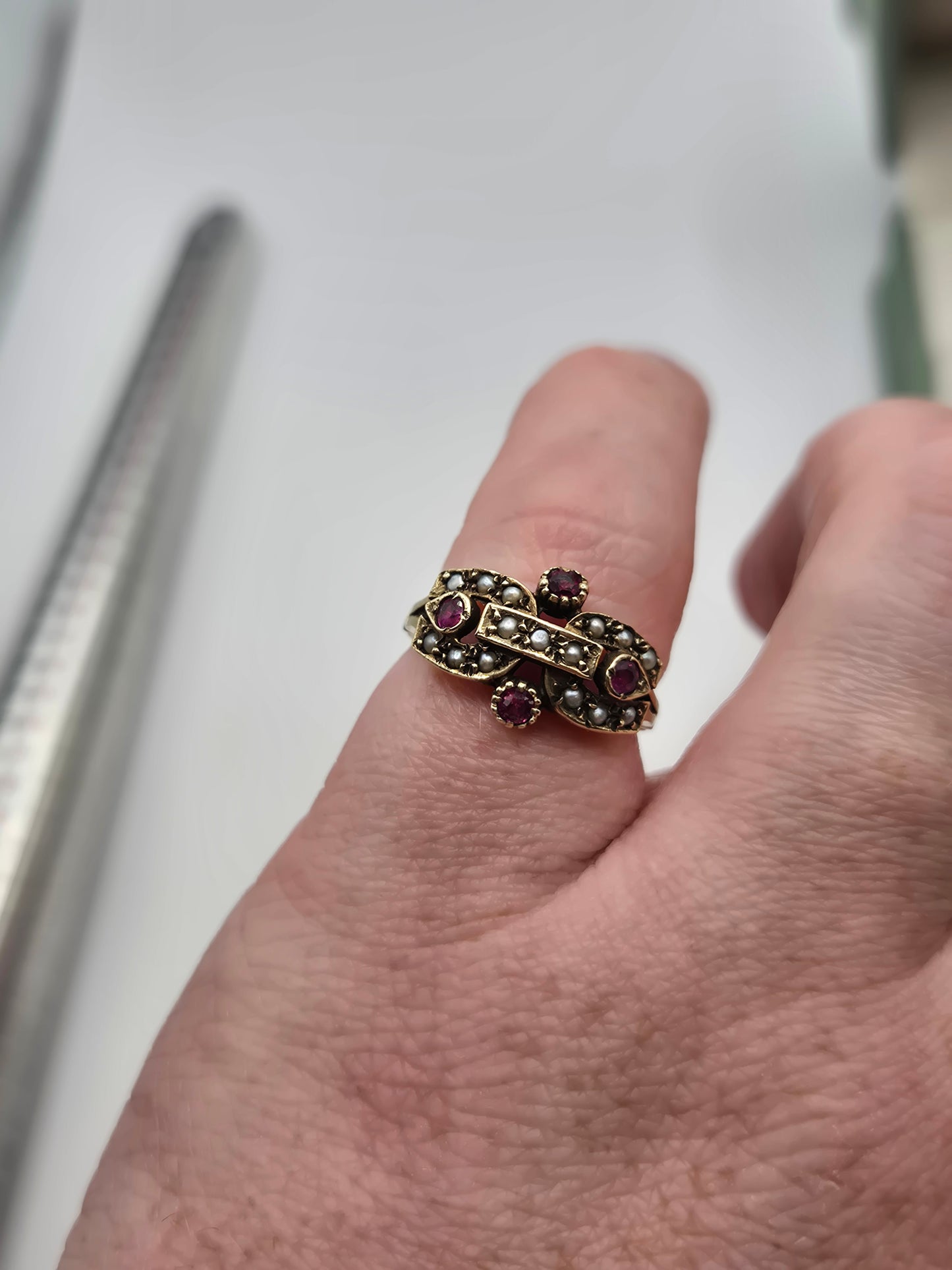 Vintage 9ct gold seed pearl and ruby ring