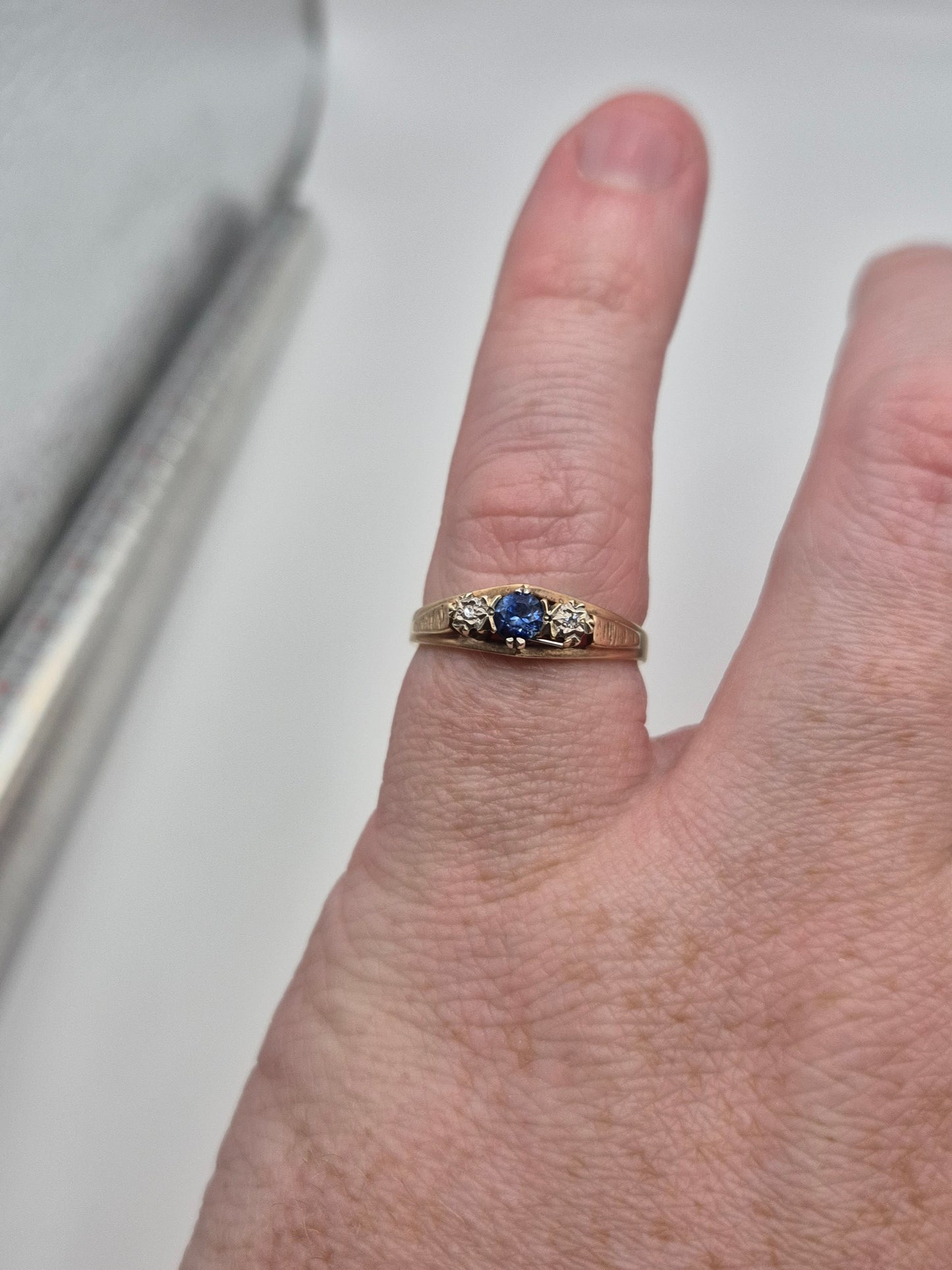 9ct gold synthetic sapphire and diamond ring