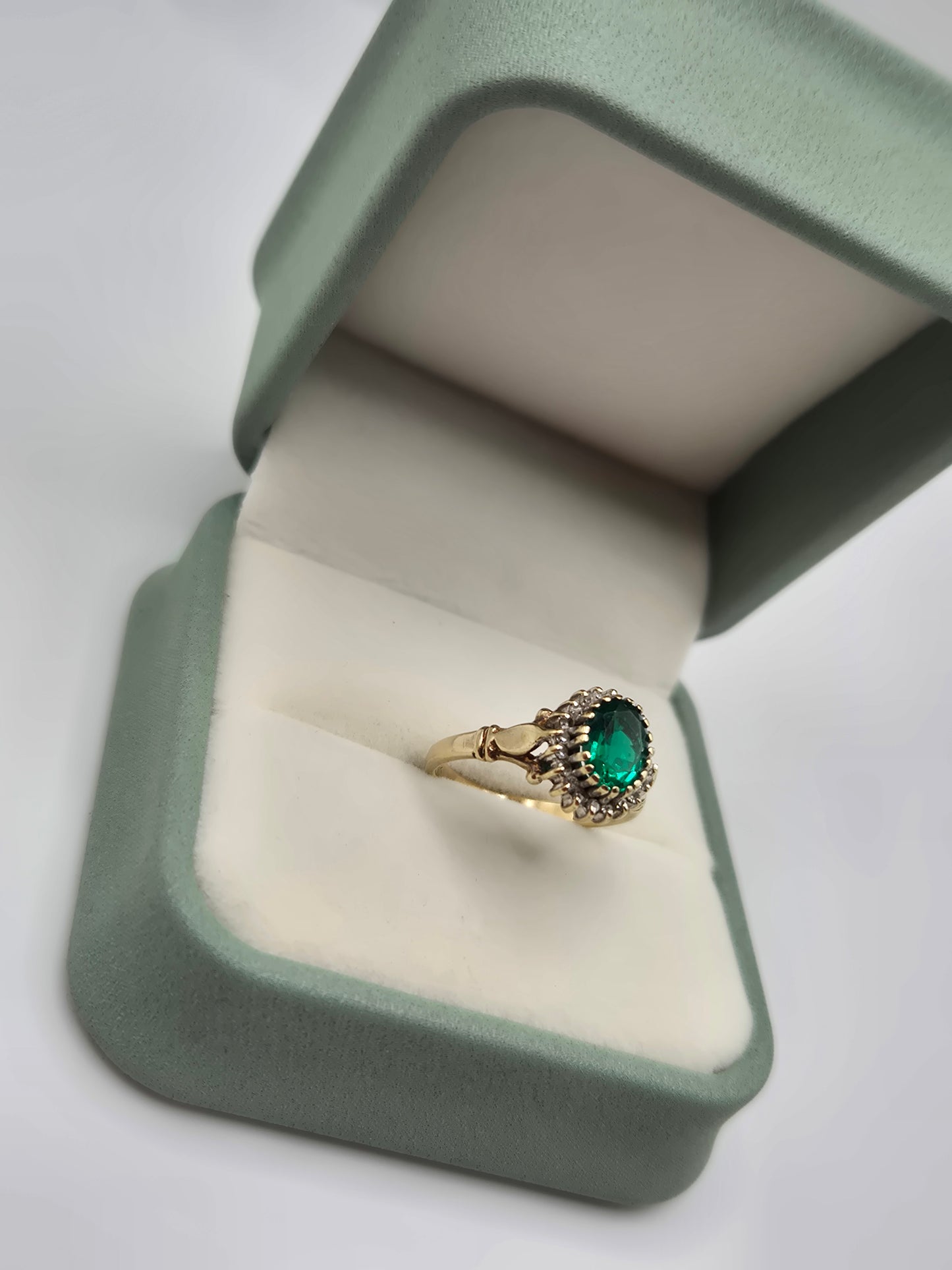 9ct gold synthetic emerald and diamond ring