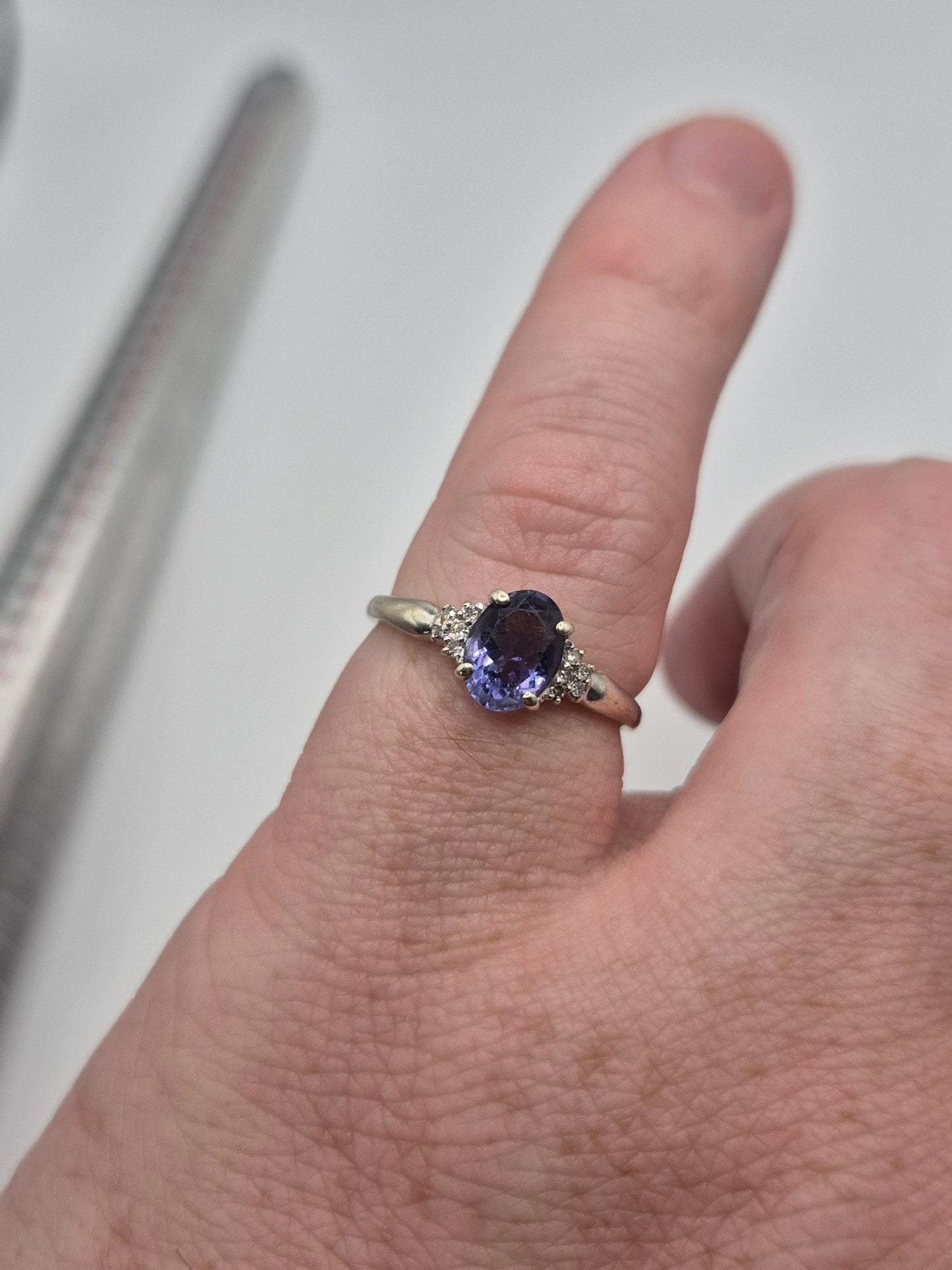 9ct white gold iolite and diamond ring