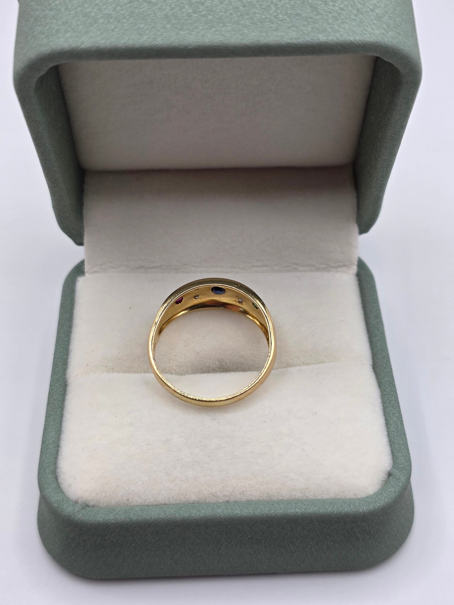 18ct gold sapphire, ruby, emerald and diamond ring