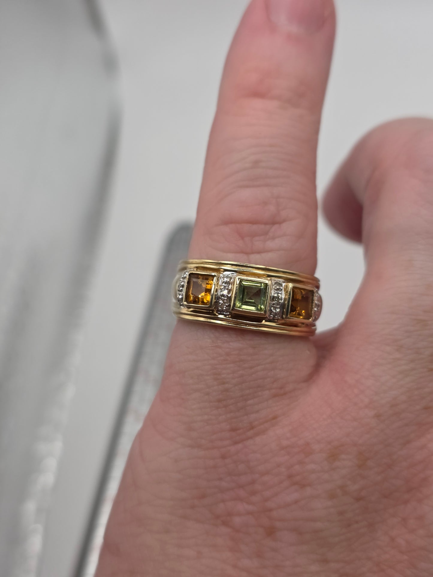 9ct gold peridot, citrine and diamond ring