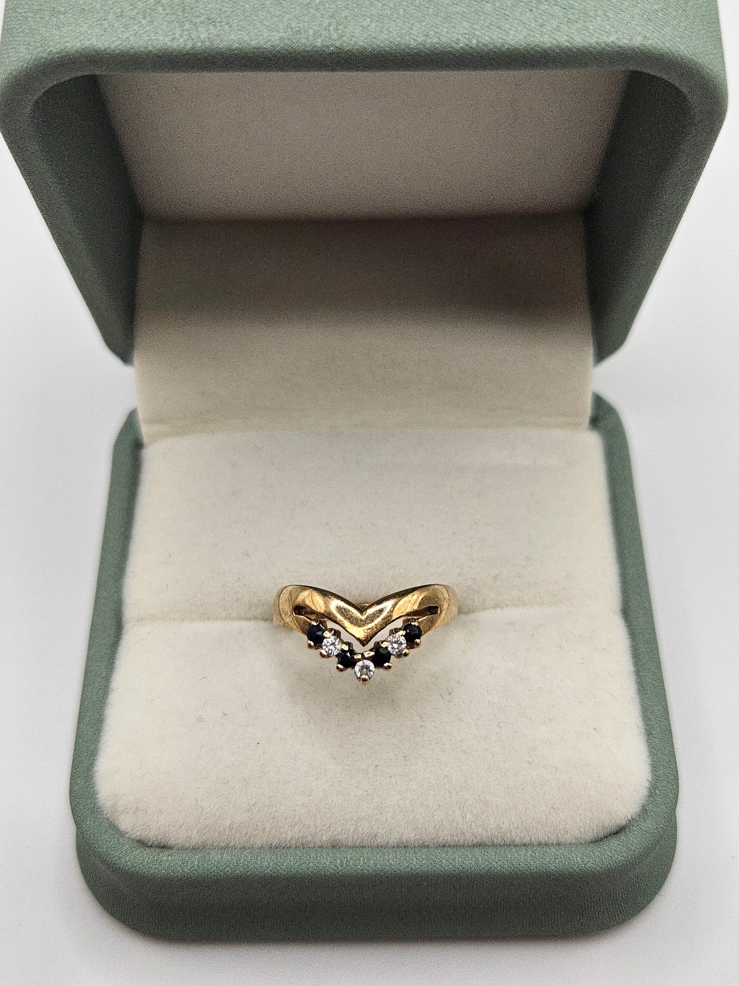 9ct gold sapphire and cz wishbone ring