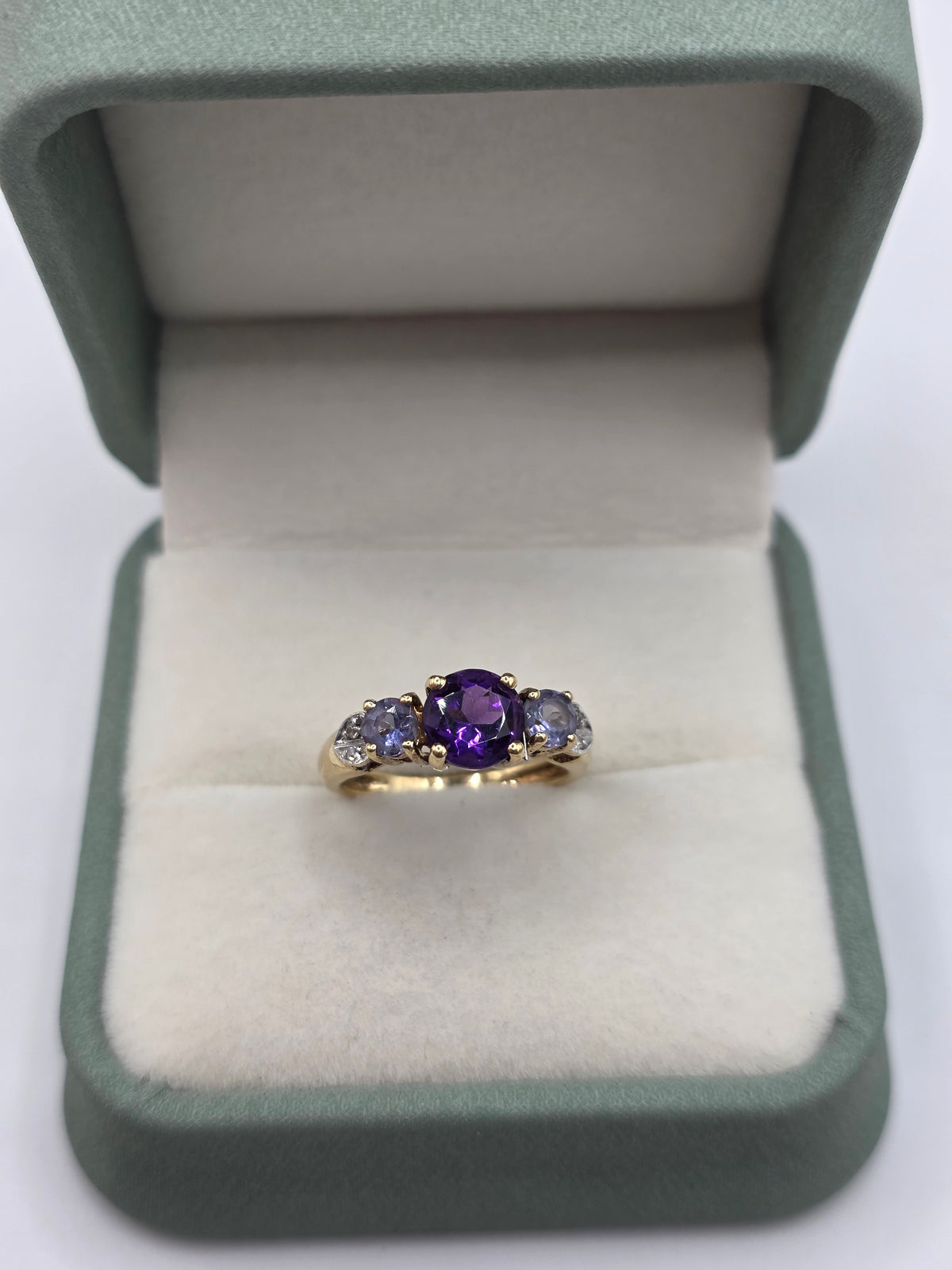9ct gold amethyst, tanzanite and diamond ring