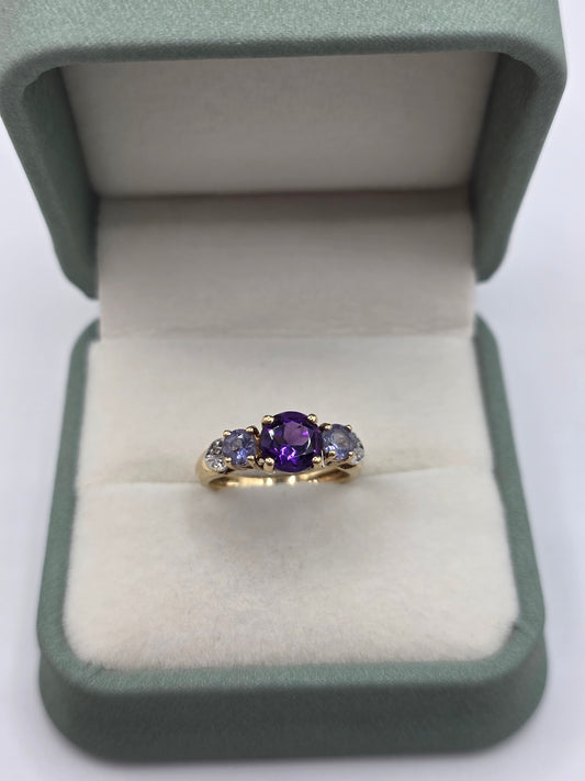 9ct gold amethyst, tanzanite and diamond ring