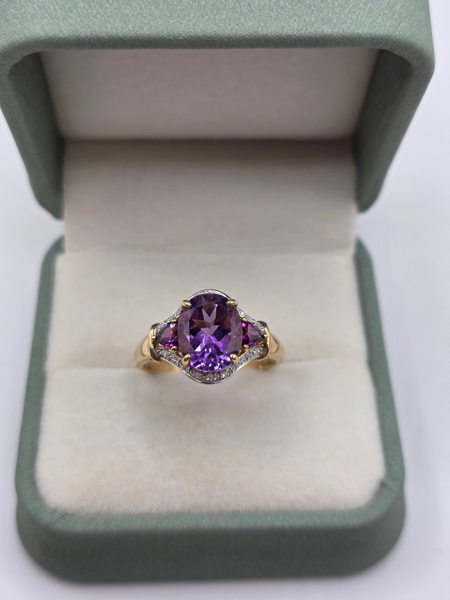 9ct gold amethyst, tourmaline and diamond ring