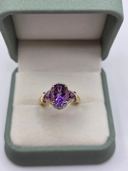 9ct gold amethyst, tourmaline and diamond ring