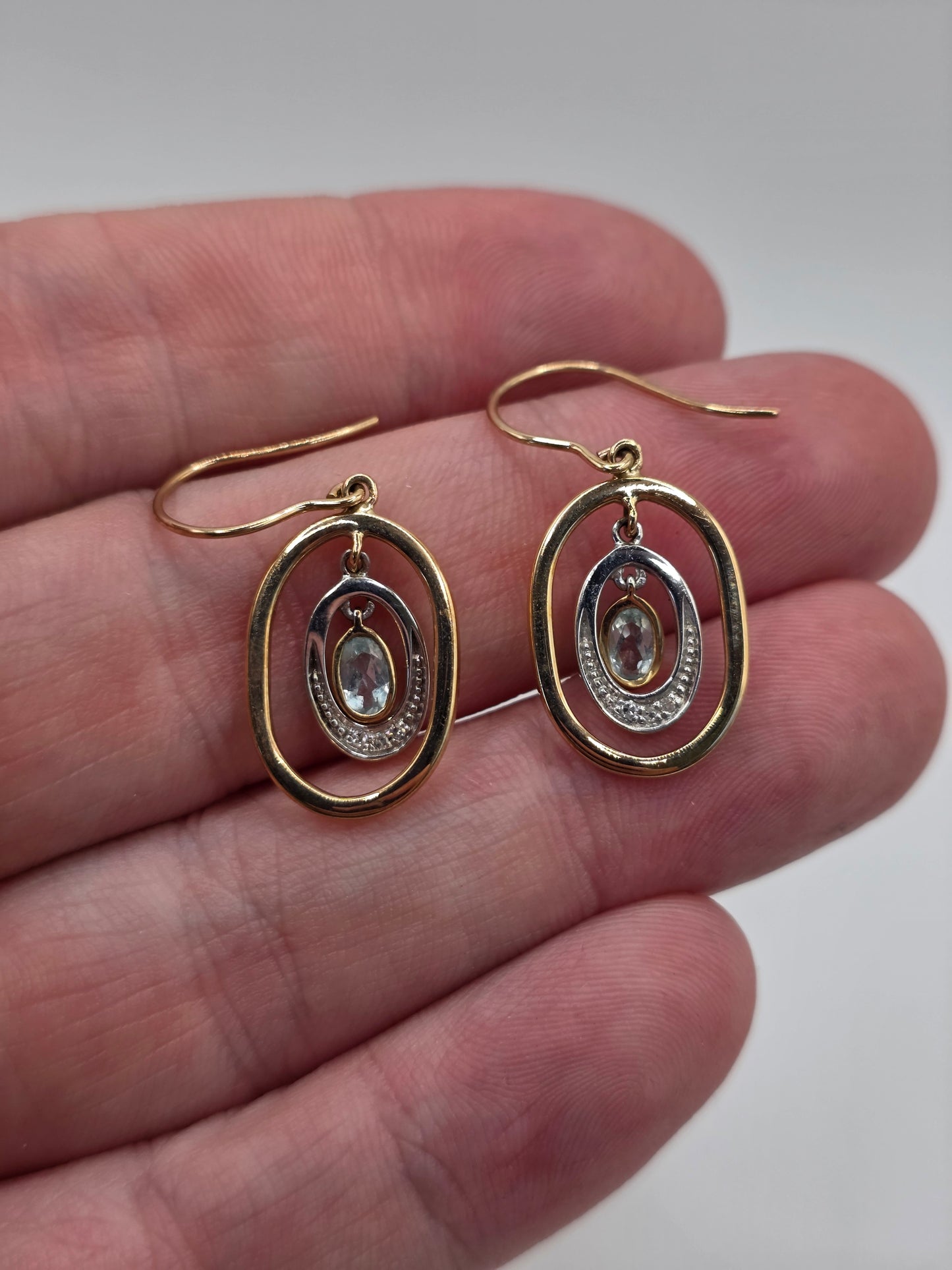 9ct two tone gold aquamarine and diamond earrings