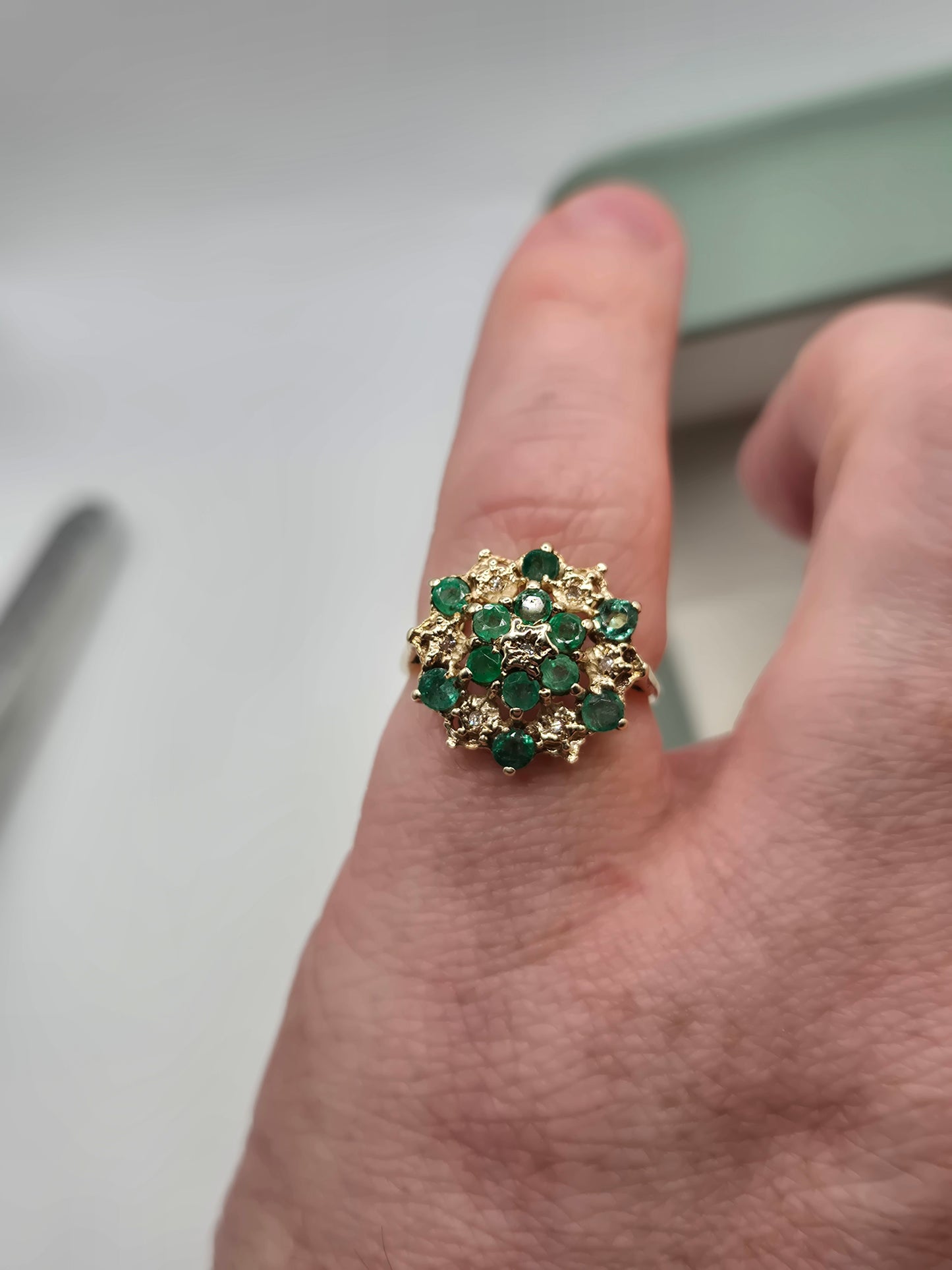 9ct gold emerald and diamond ring