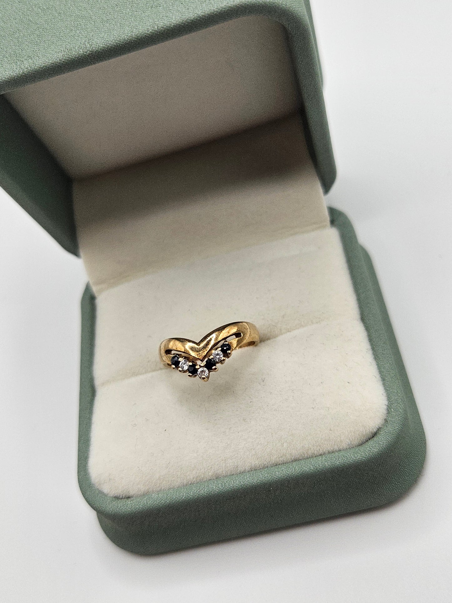 9ct gold sapphire and cz wishbone ring