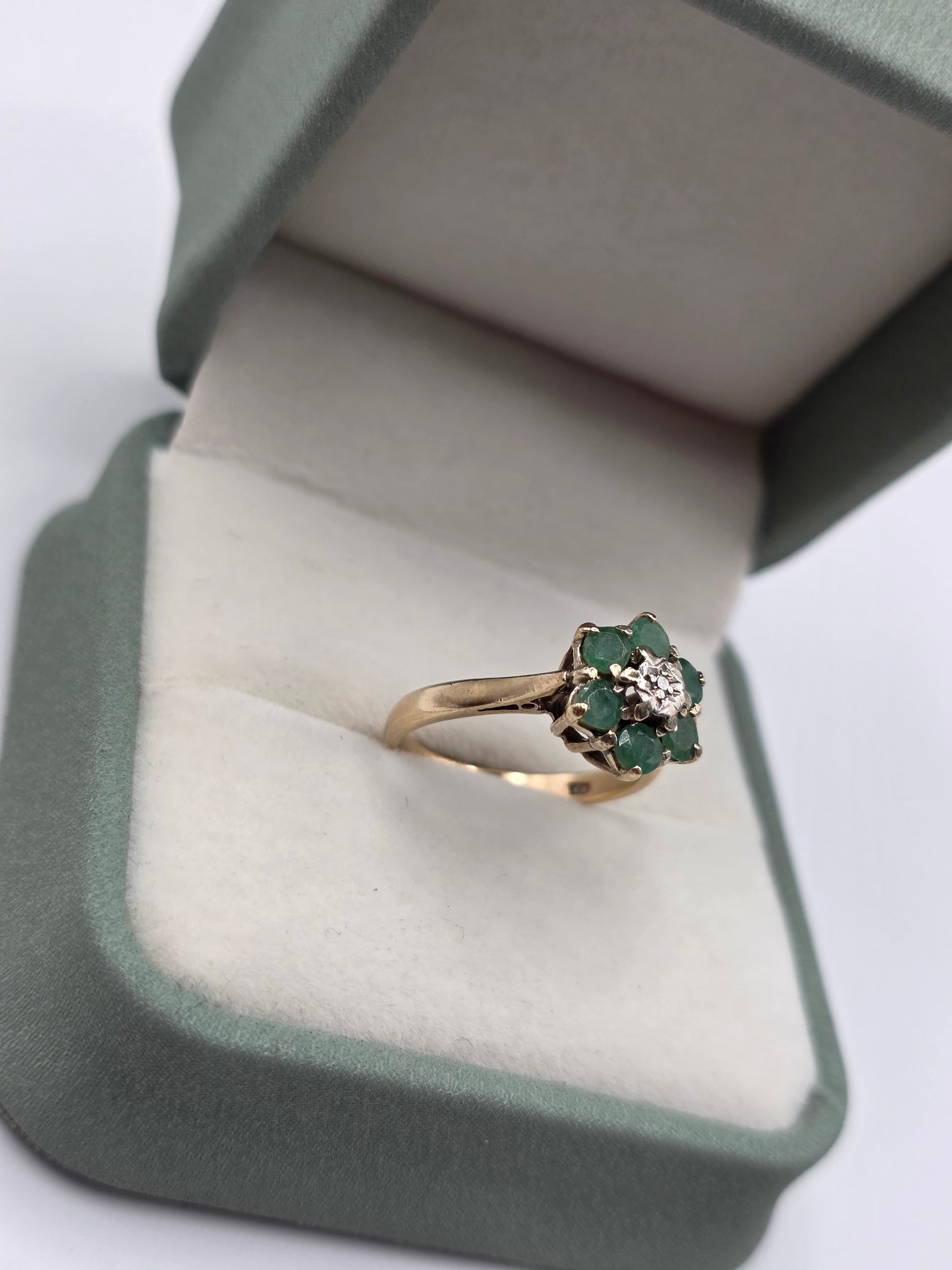 Heavy 9ct gold emerald and diamond ring