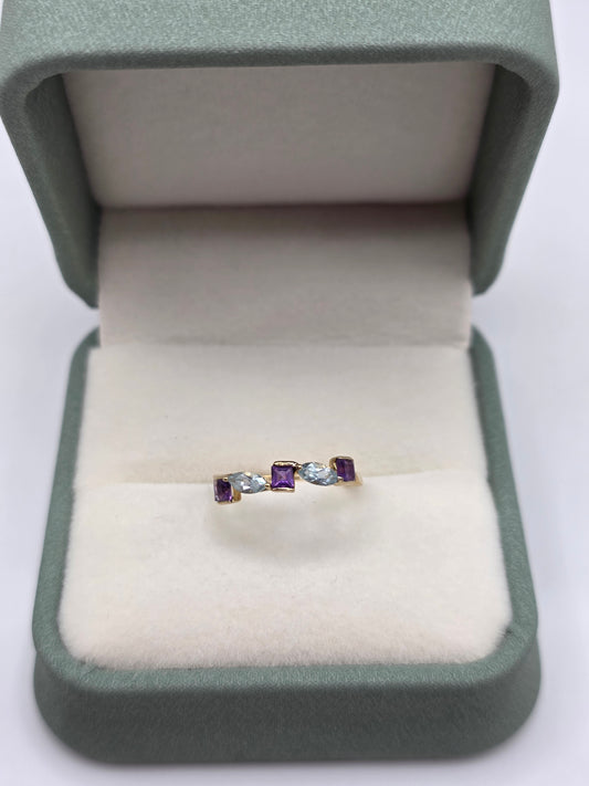 9ct gold aquamarine and amethyst ring