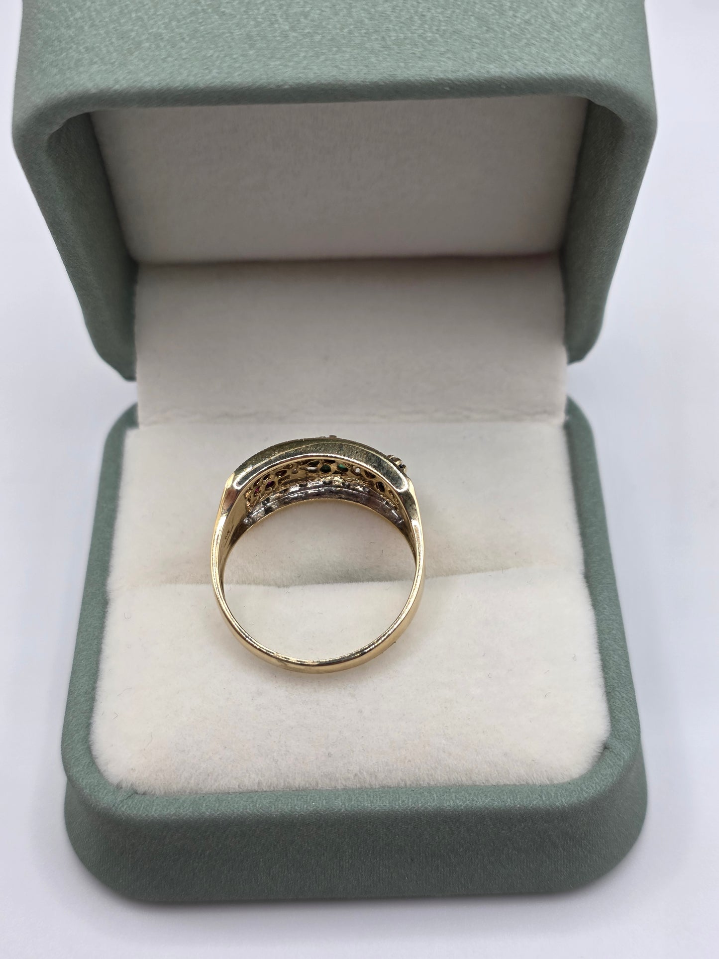 9ct gold emerald,sapphire,ruby and diamond ring