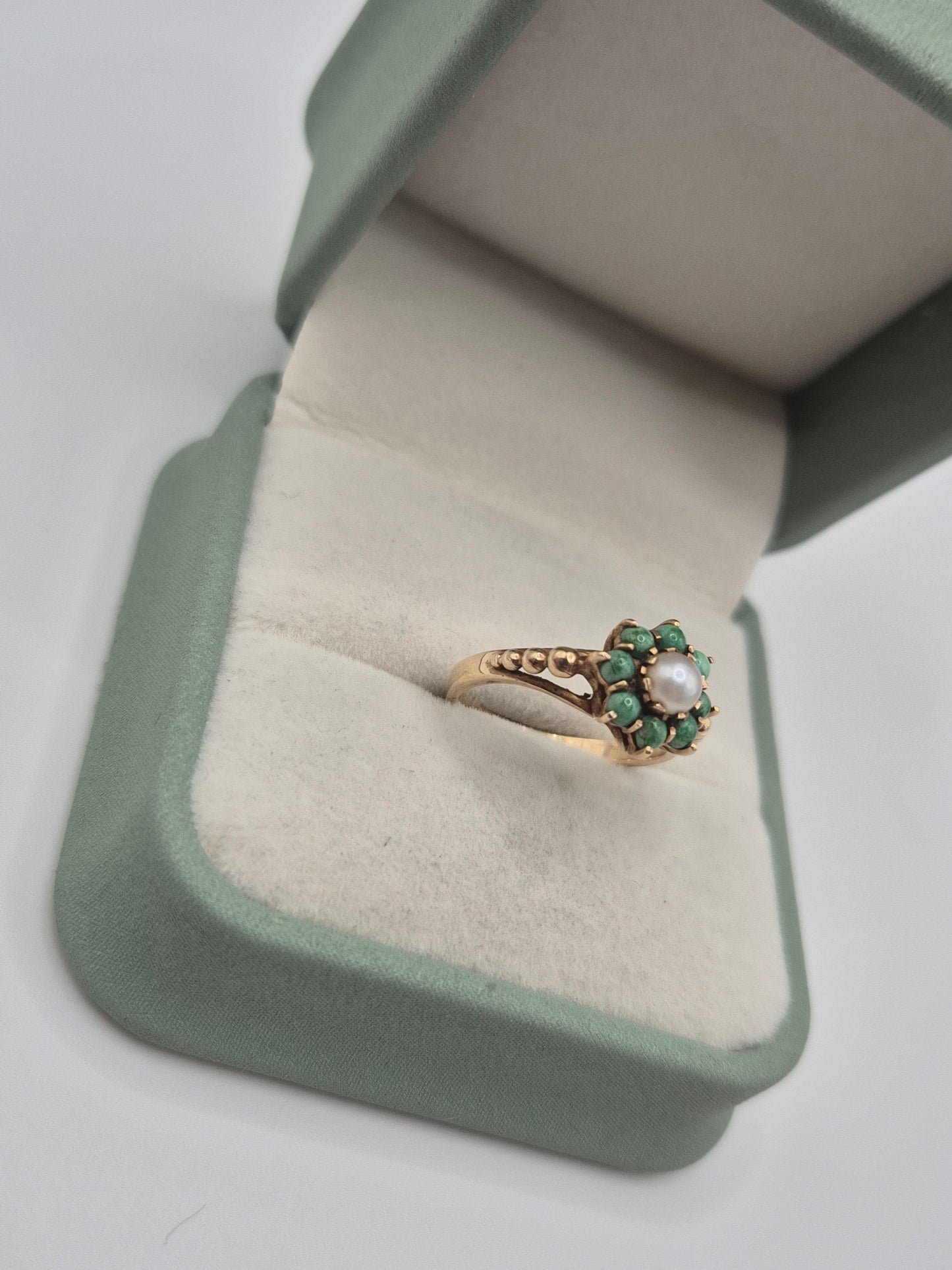 Vintage 9ct gold pearl and turquoise ring