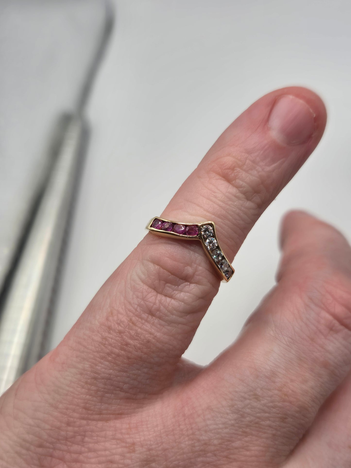 9ct gold ruby and cz wishbone ring