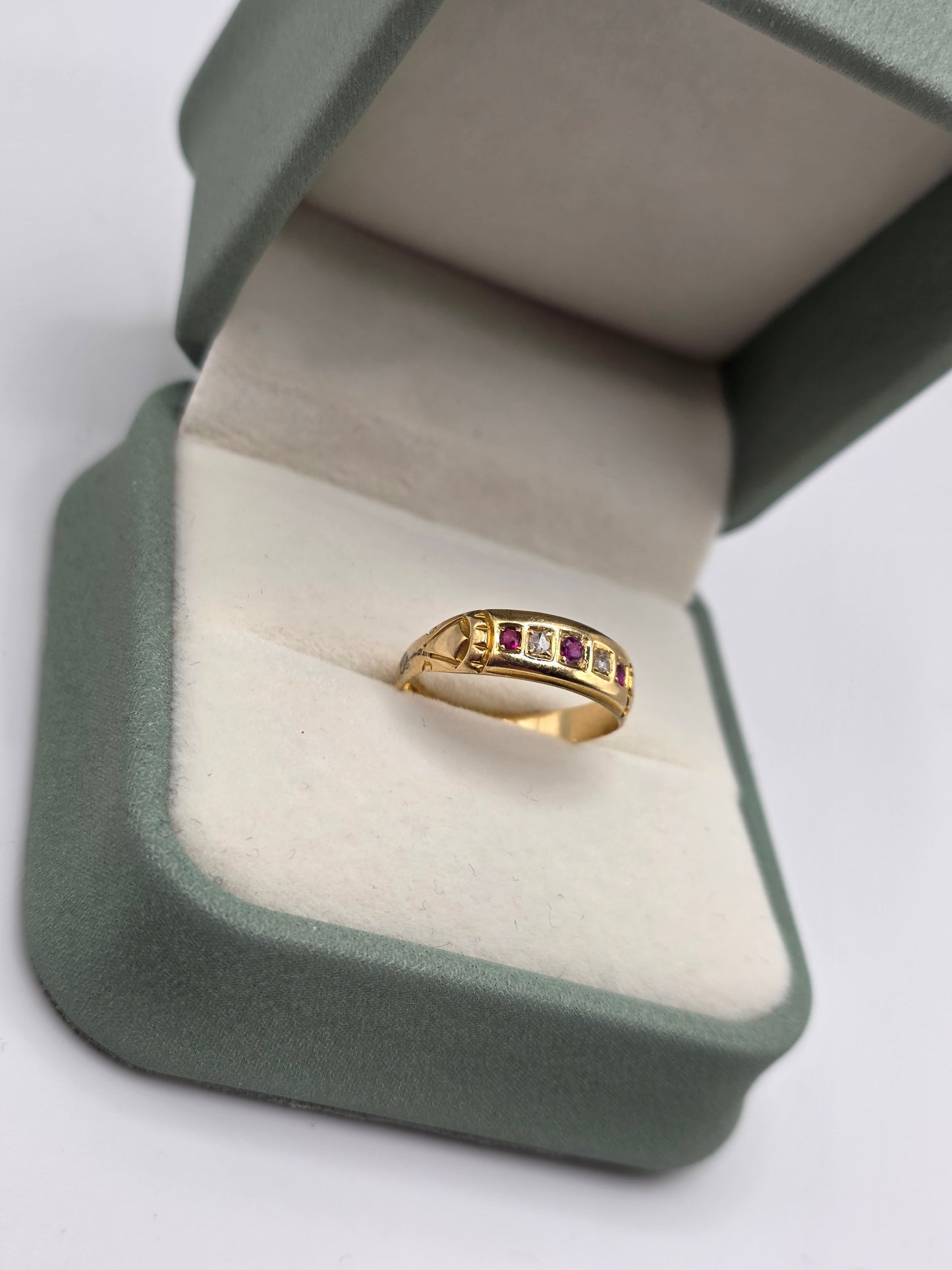 Victorian 1896 18ct gold ruby and diamond gypsy ring