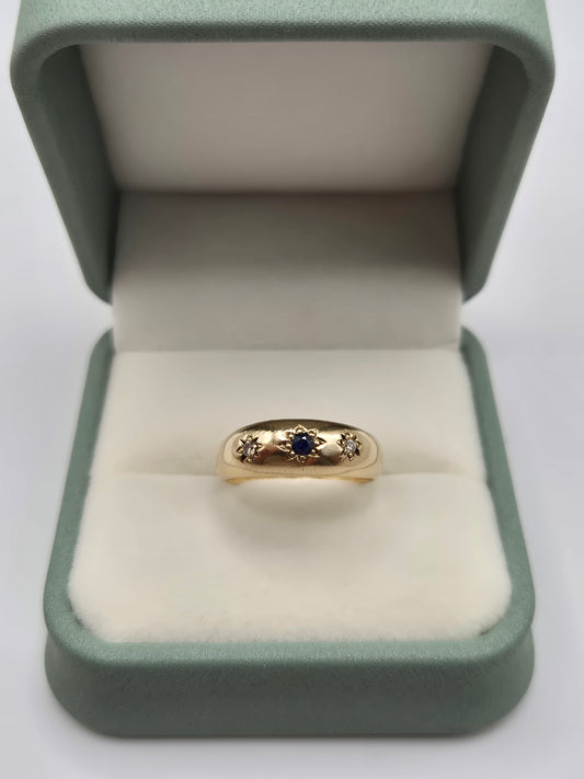 Heavy 9ct gold sapphire and diamond gypsy ring