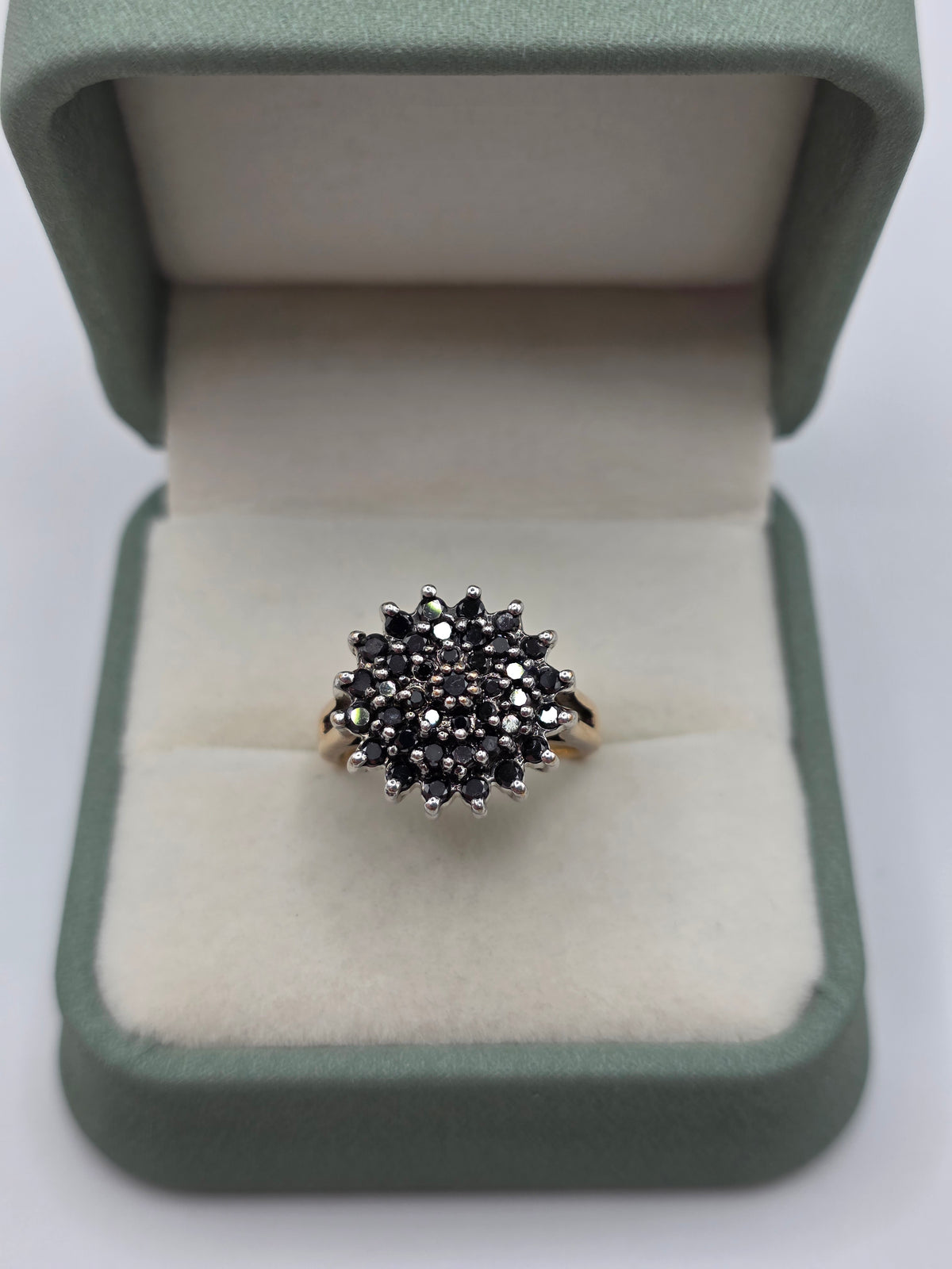 Heavy 9ct gold black diamond cluster ring