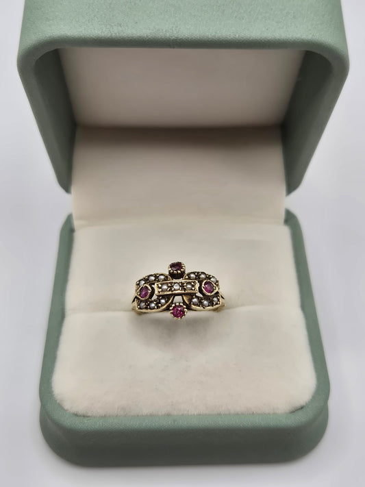 Vintage 9ct gold seed pearl and ruby ring