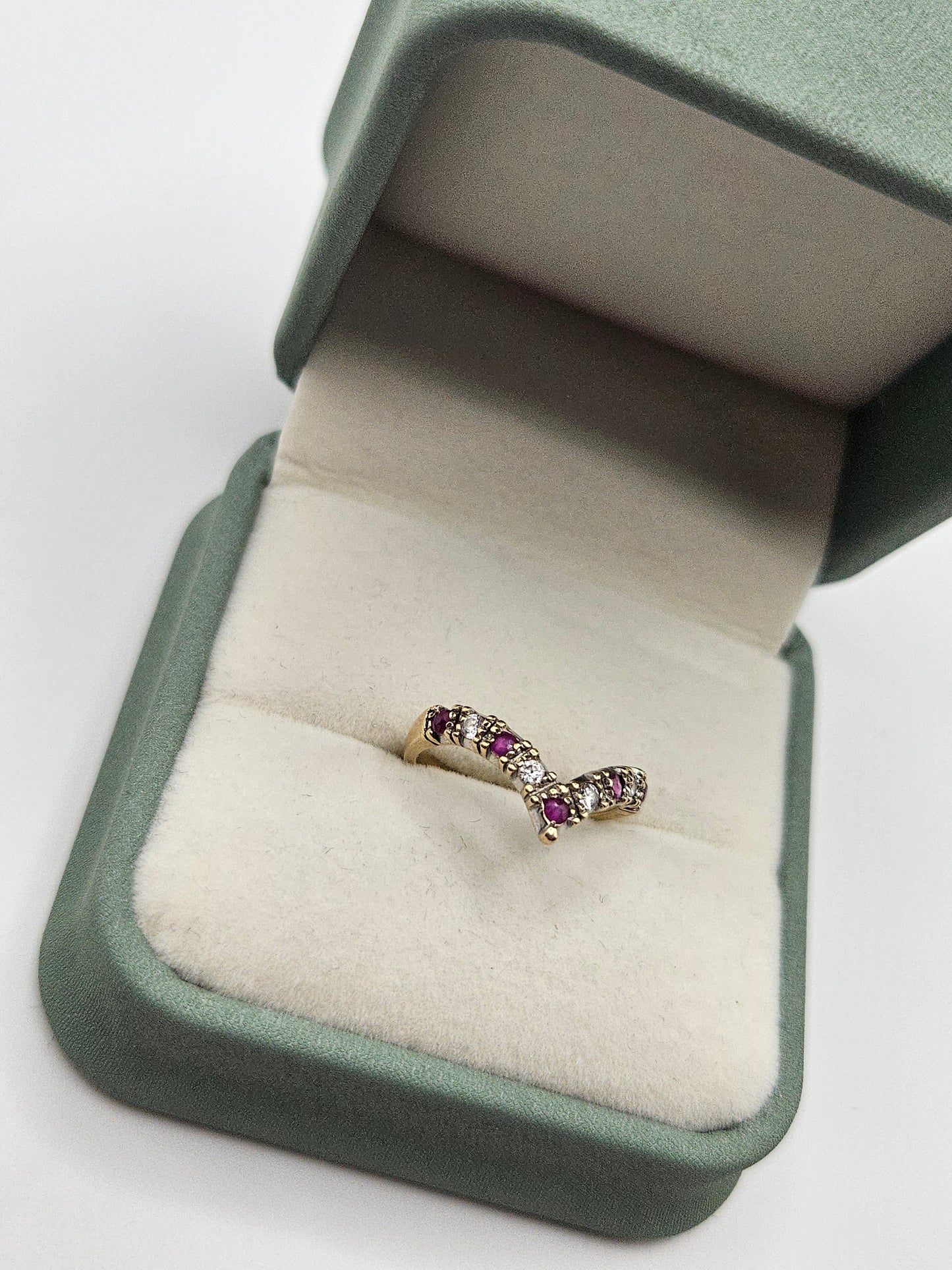 9ct gold ruby and cz wishbone  ring