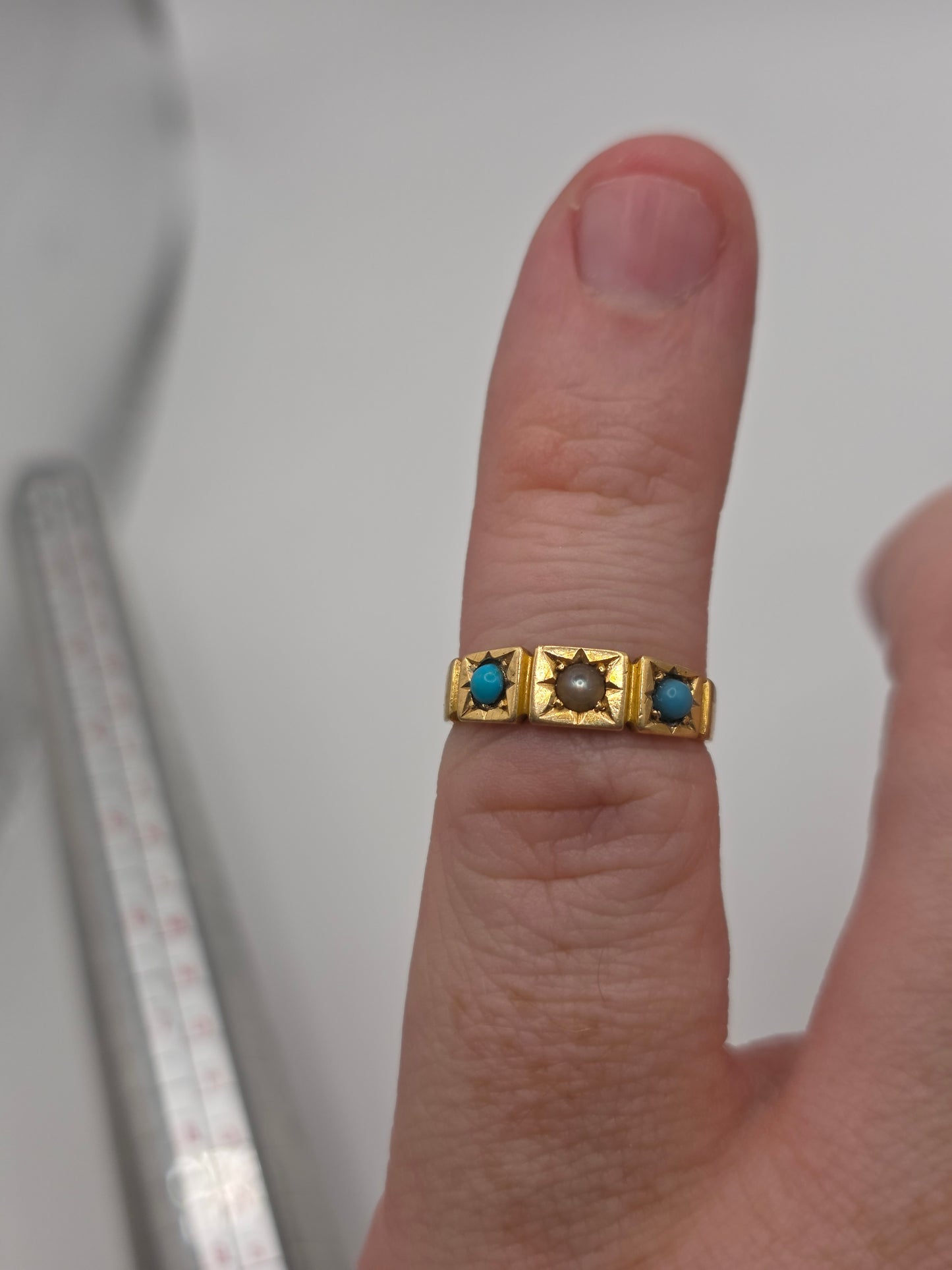 Antique 18ct gold turquoise and pearl gypsy ring