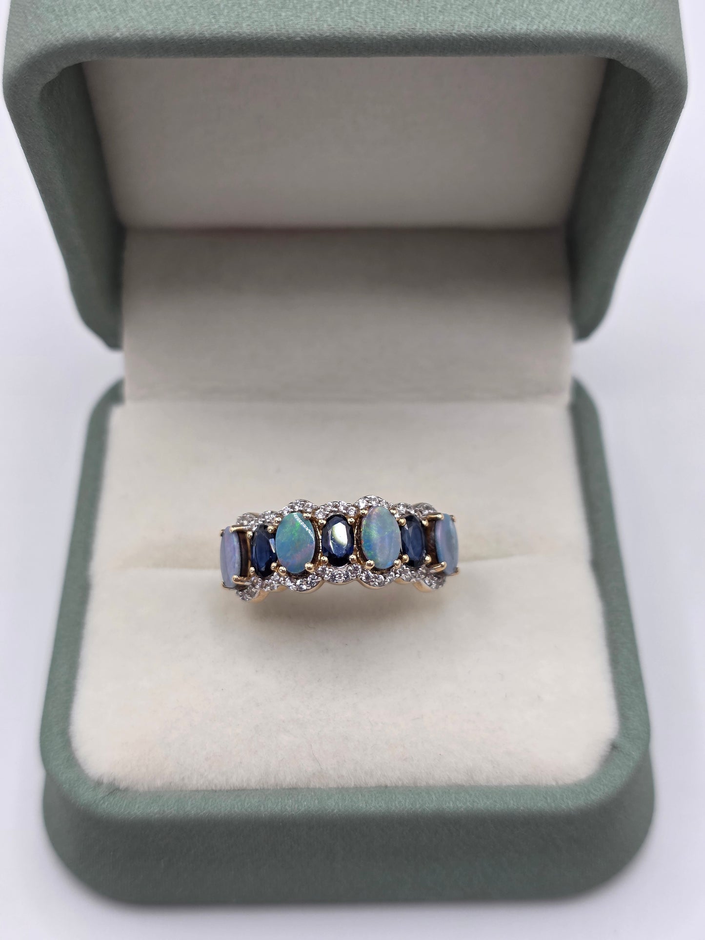 9ct gold opal doublet, sapphire and zircon ring