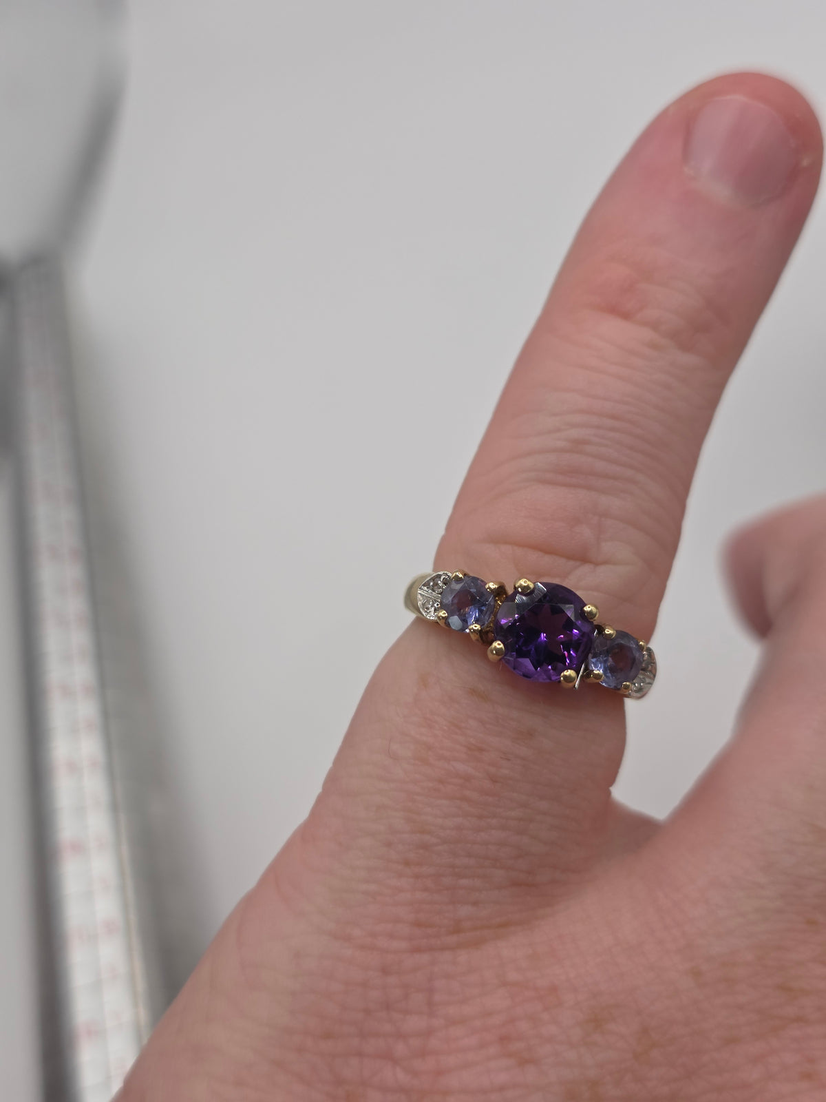 9ct gold amethyst, tanzanite and diamond ring