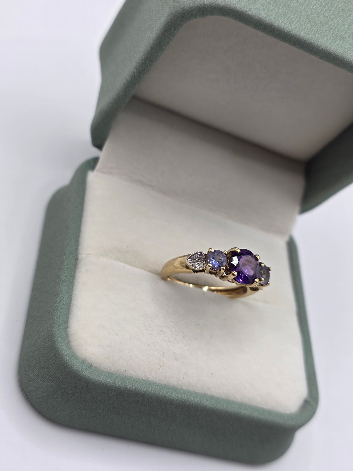 9ct gold amethyst, tanzanite and diamond ring