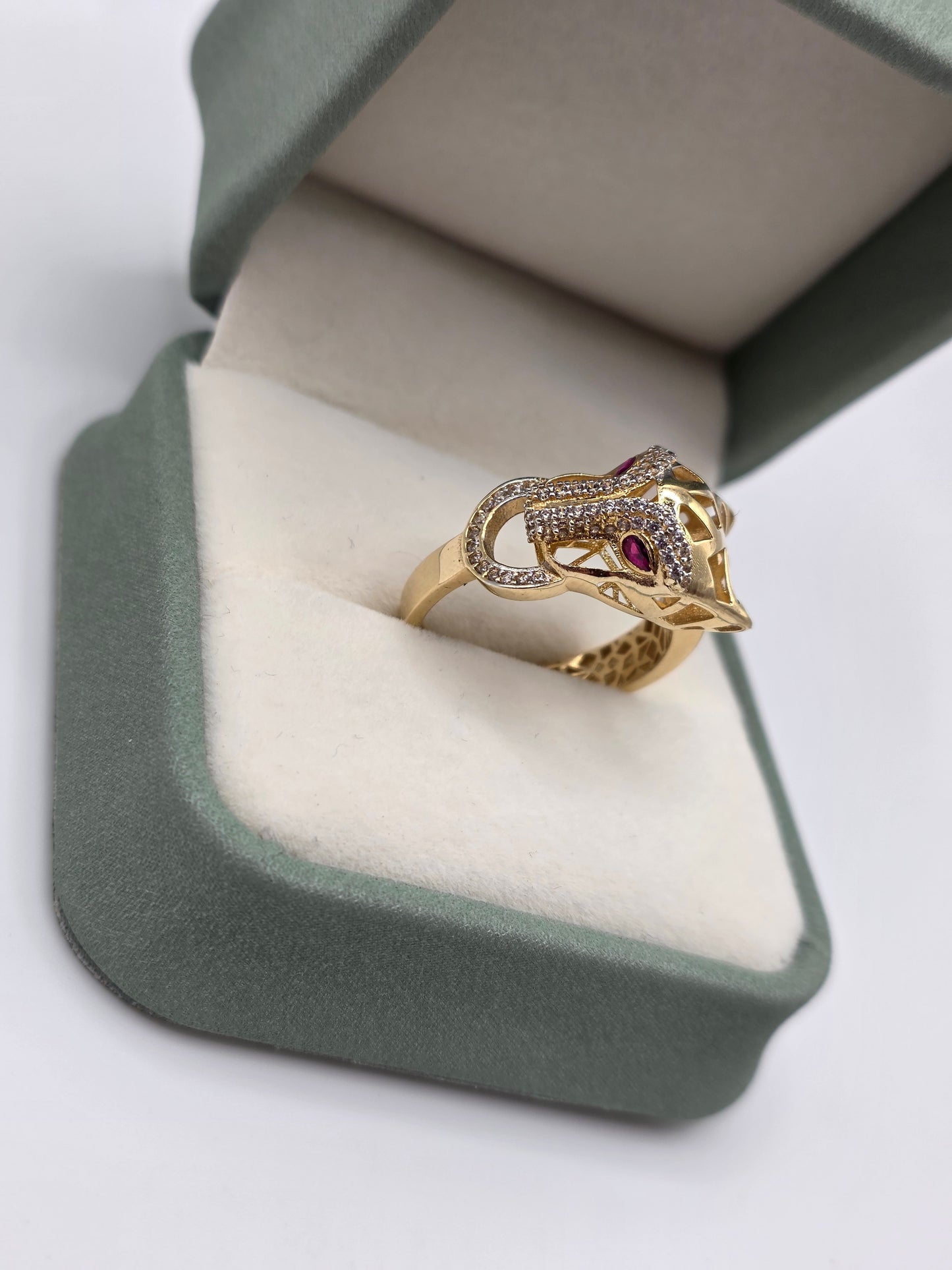 14ct gold ruby and cz panther ring