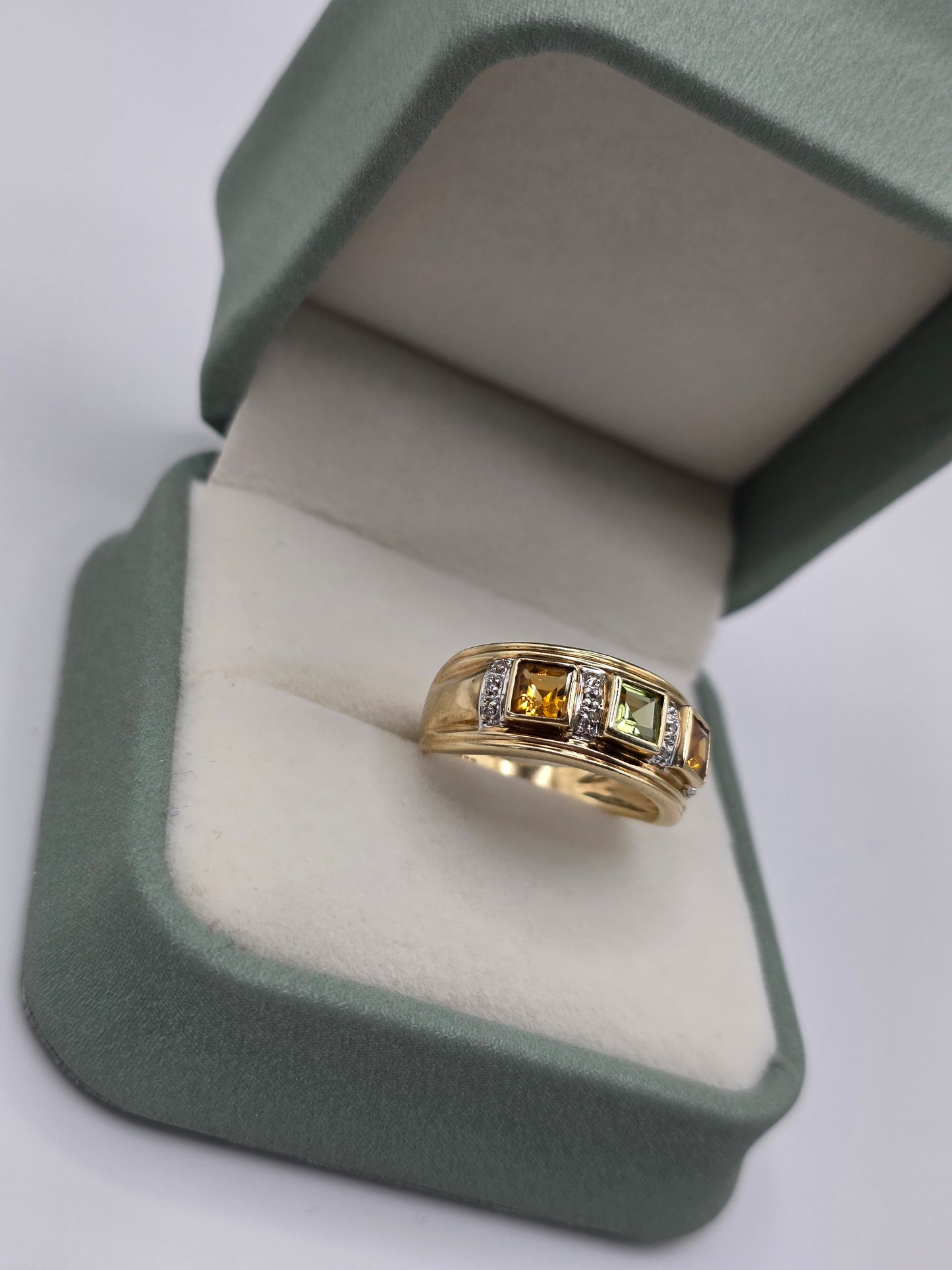 9ct gold peridot, citrine and diamond ring