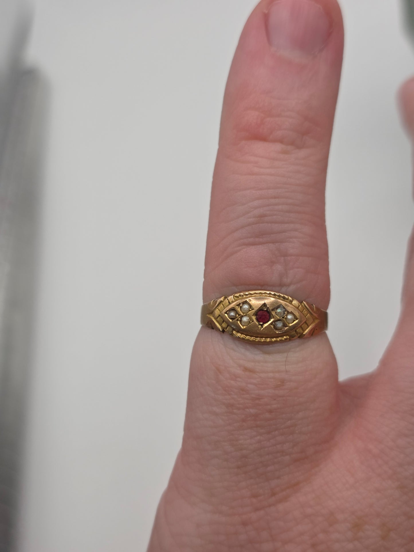 Antique 9ct gold garnet and seed pearl gypsy ring